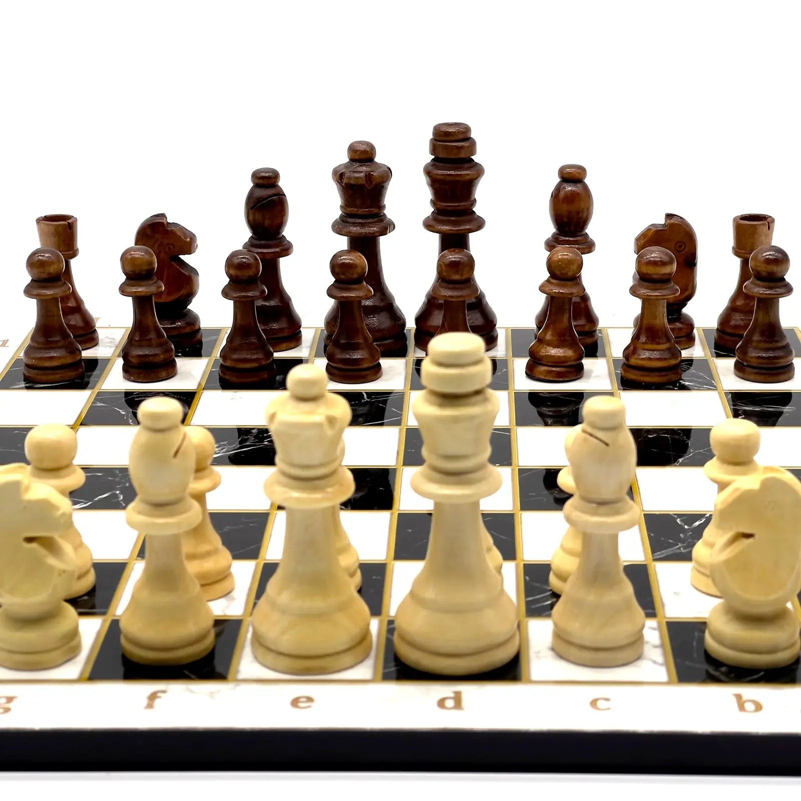 14" Black-White Marble Patterned Wooden Set with Wooden Chess Pieces