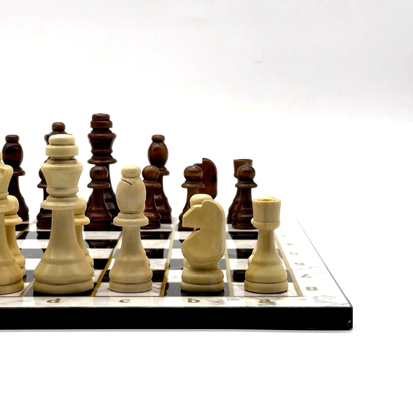 14" Black-White Marble Patterned Wooden Set with Wooden Chess Pieces