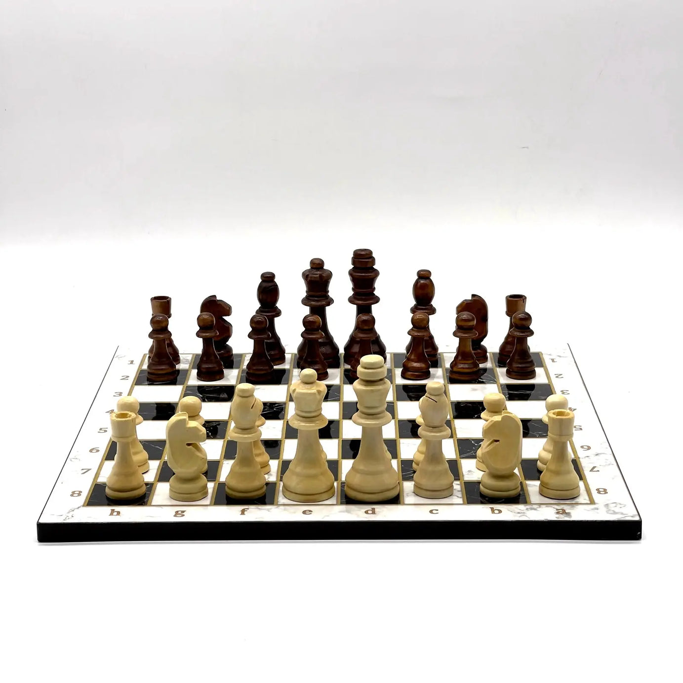 14" Black-White Marble Patterned Wooden Set with Wooden Chess Pieces