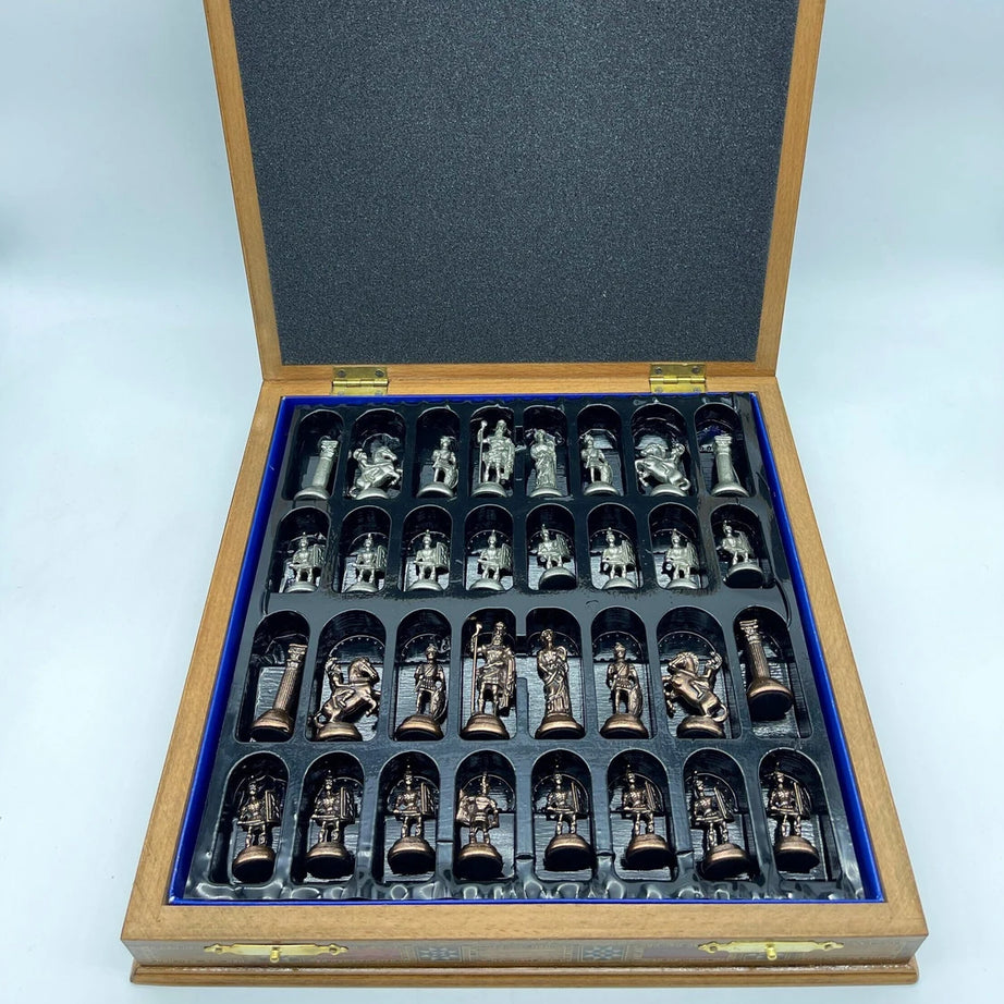 15.3" Personalized Luxury Storage Chess Set with Romans Metal Chess Pieces