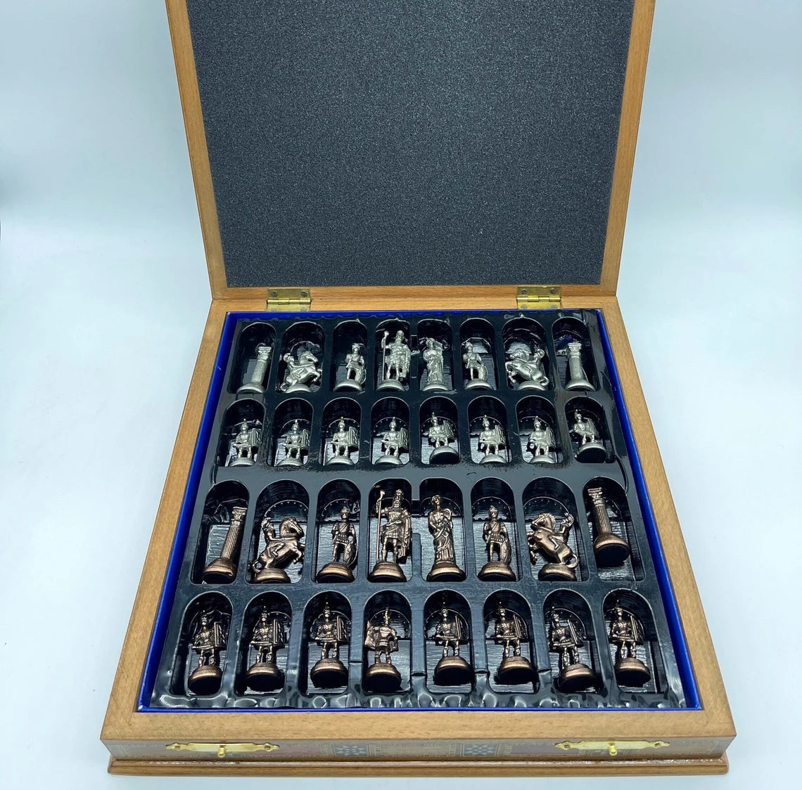 15.3" Personalized Luxury Storage Chess Set with Romans Metal Chess Pieces