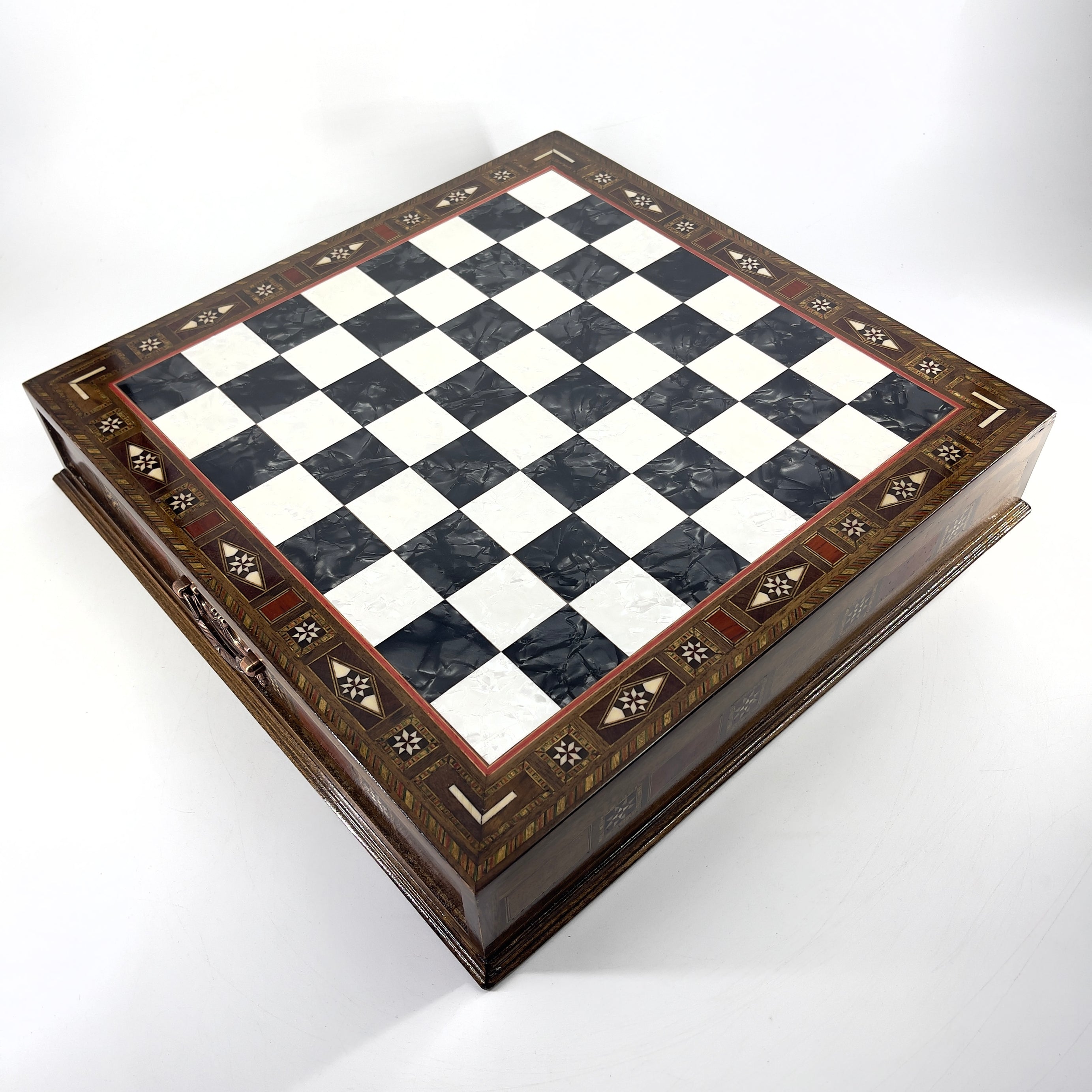 Premium Chess Set with Handmade Wooden Drawers and Black Metal Chess Piecess
