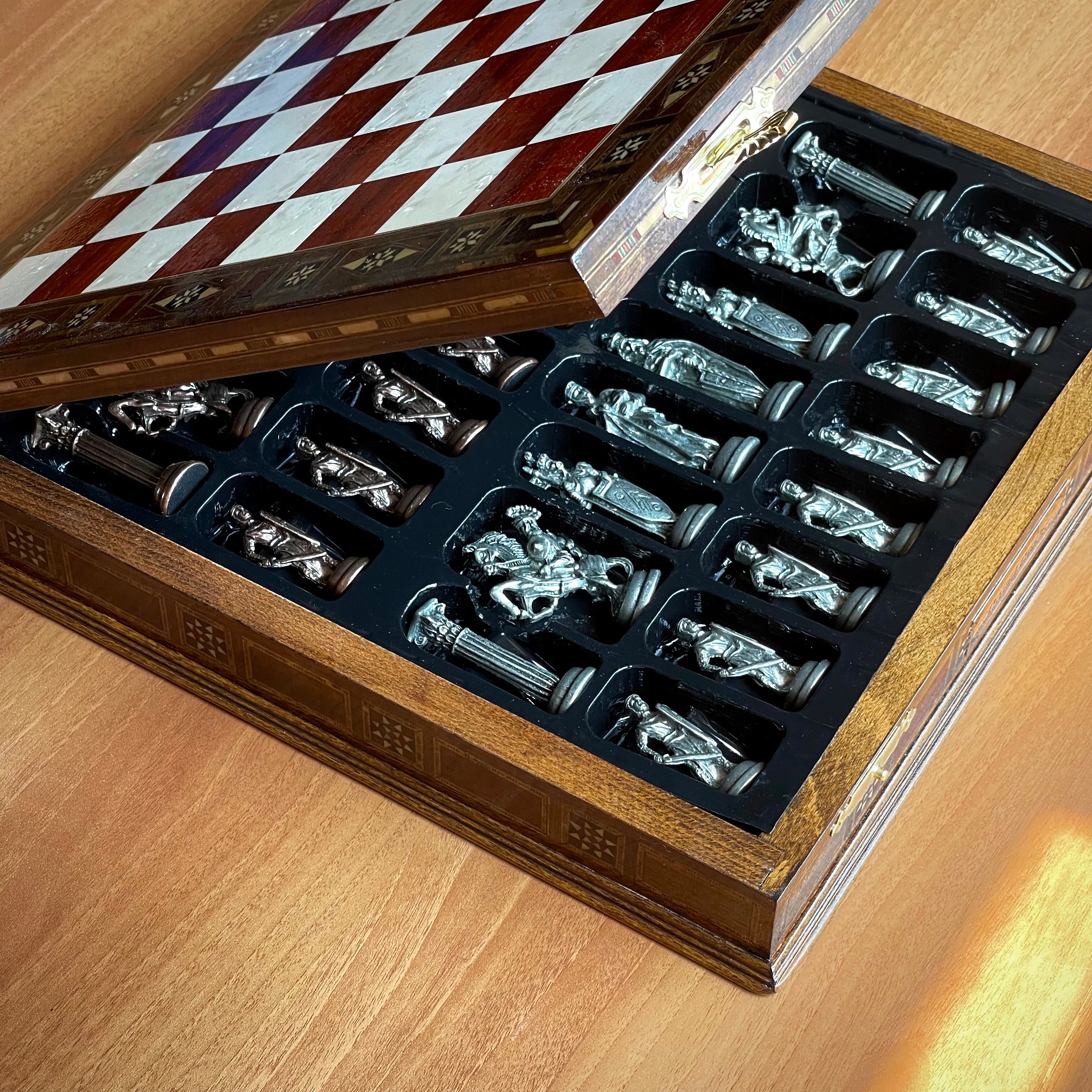 Personalized Custom Storage Wooden Chess Set with British Metal Chess Pieces