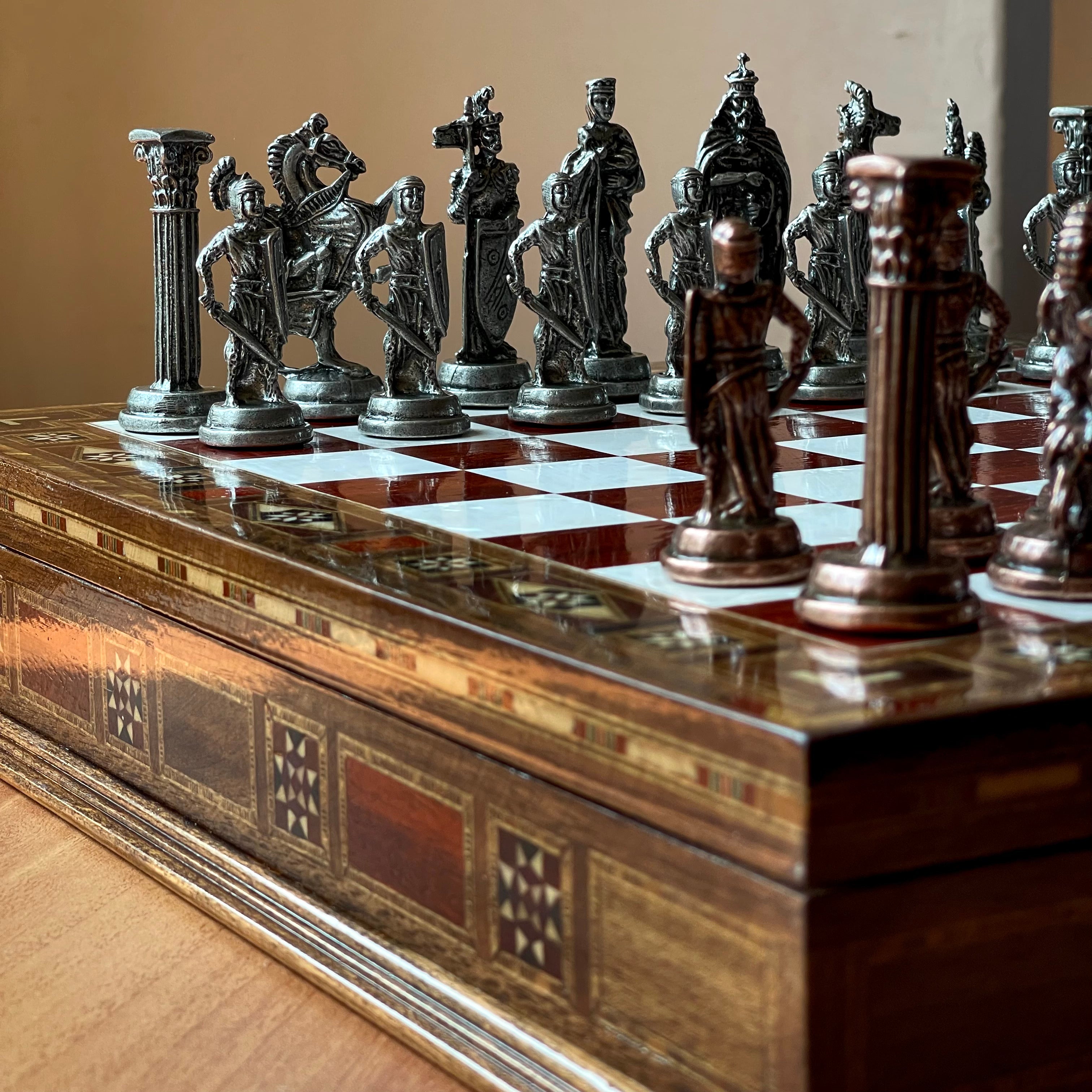 Personalized Custom Storage Wooden Chess Set with British Metal Chess Pieces