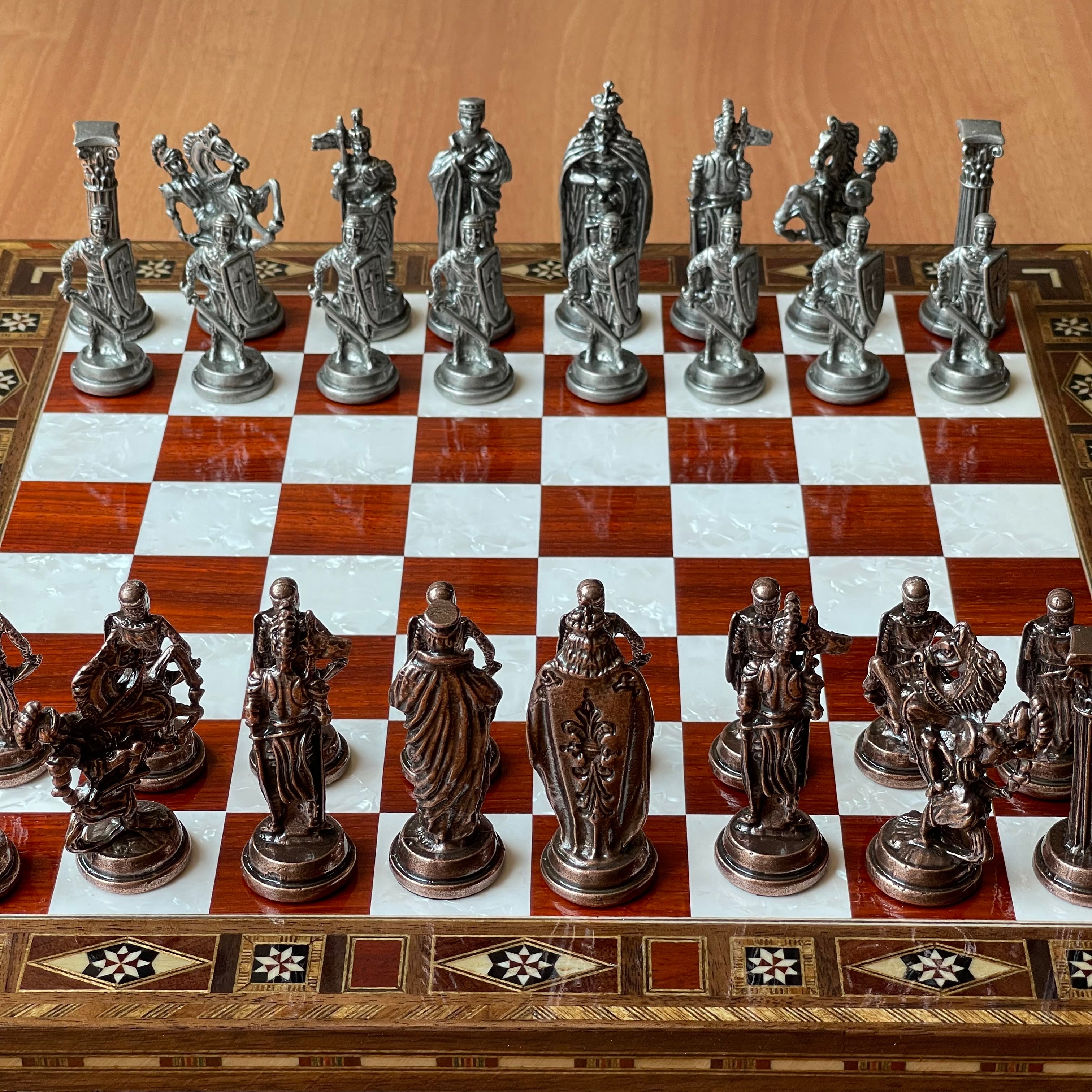 Personalized Custom Storage Wooden Chess Set with British Metal Chess Pieces