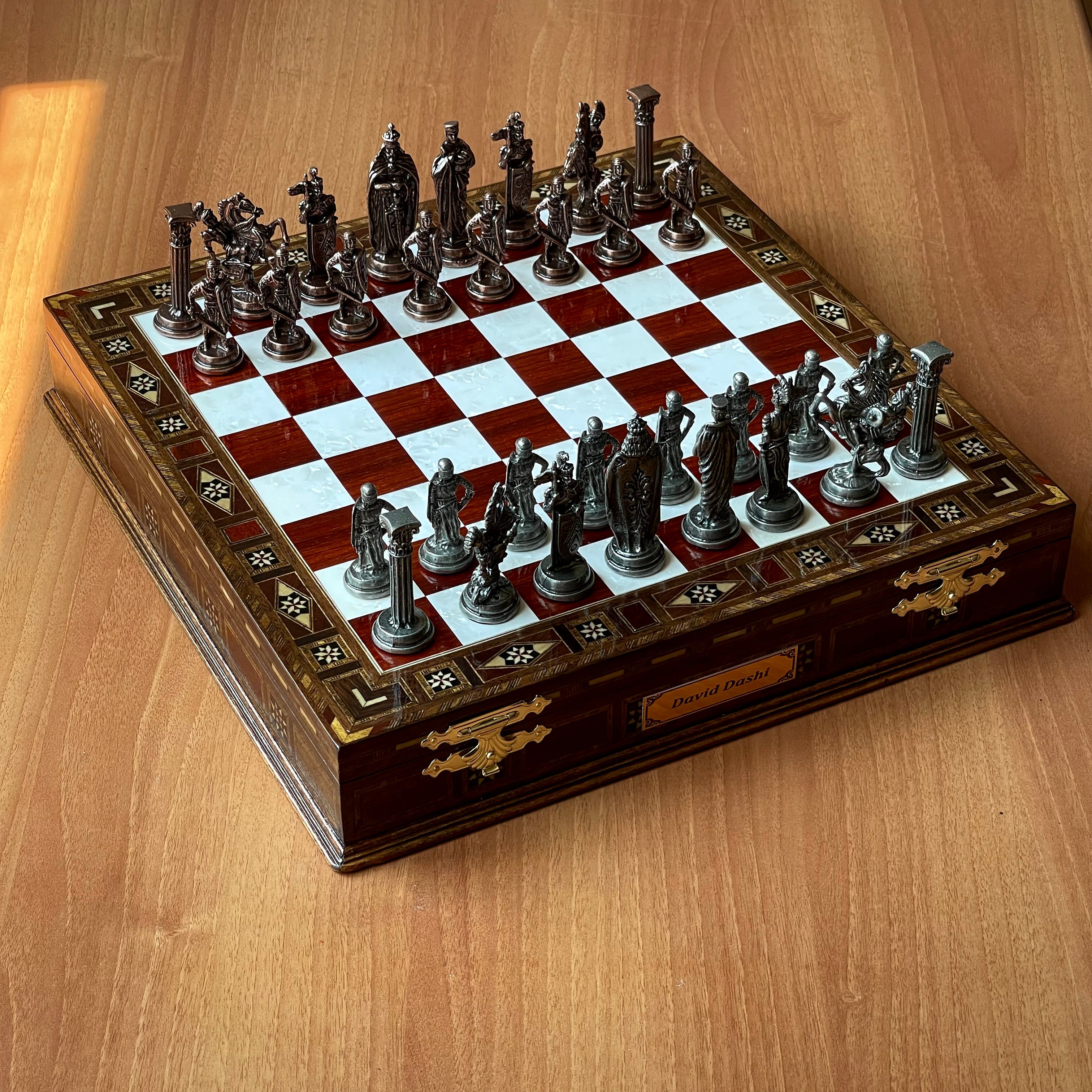 Personalized Custom Storage Wooden Chess Set with British Metal Chess Pieces