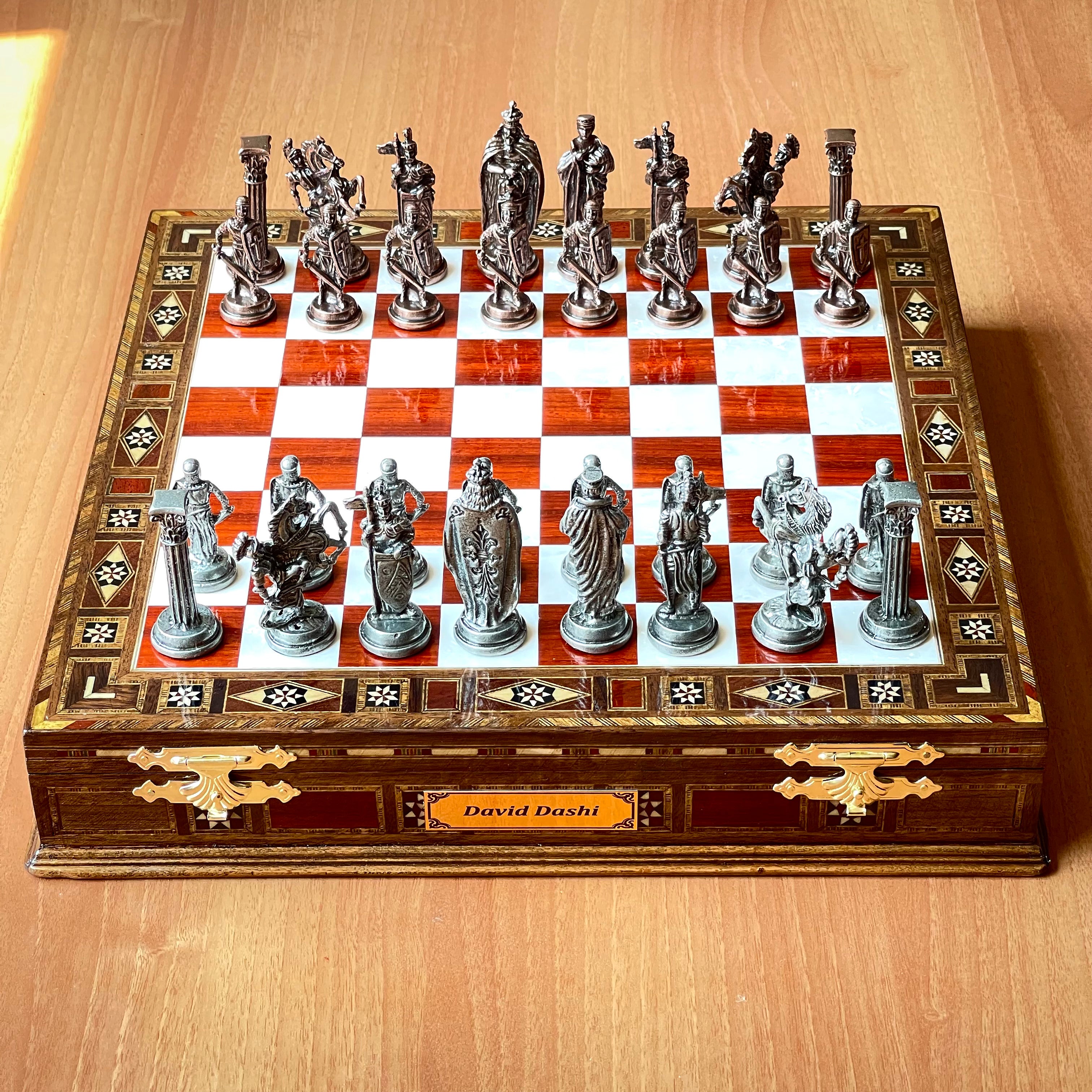 Personalized Custom Storage Wooden Chess Set with British Metal Chess Pieces