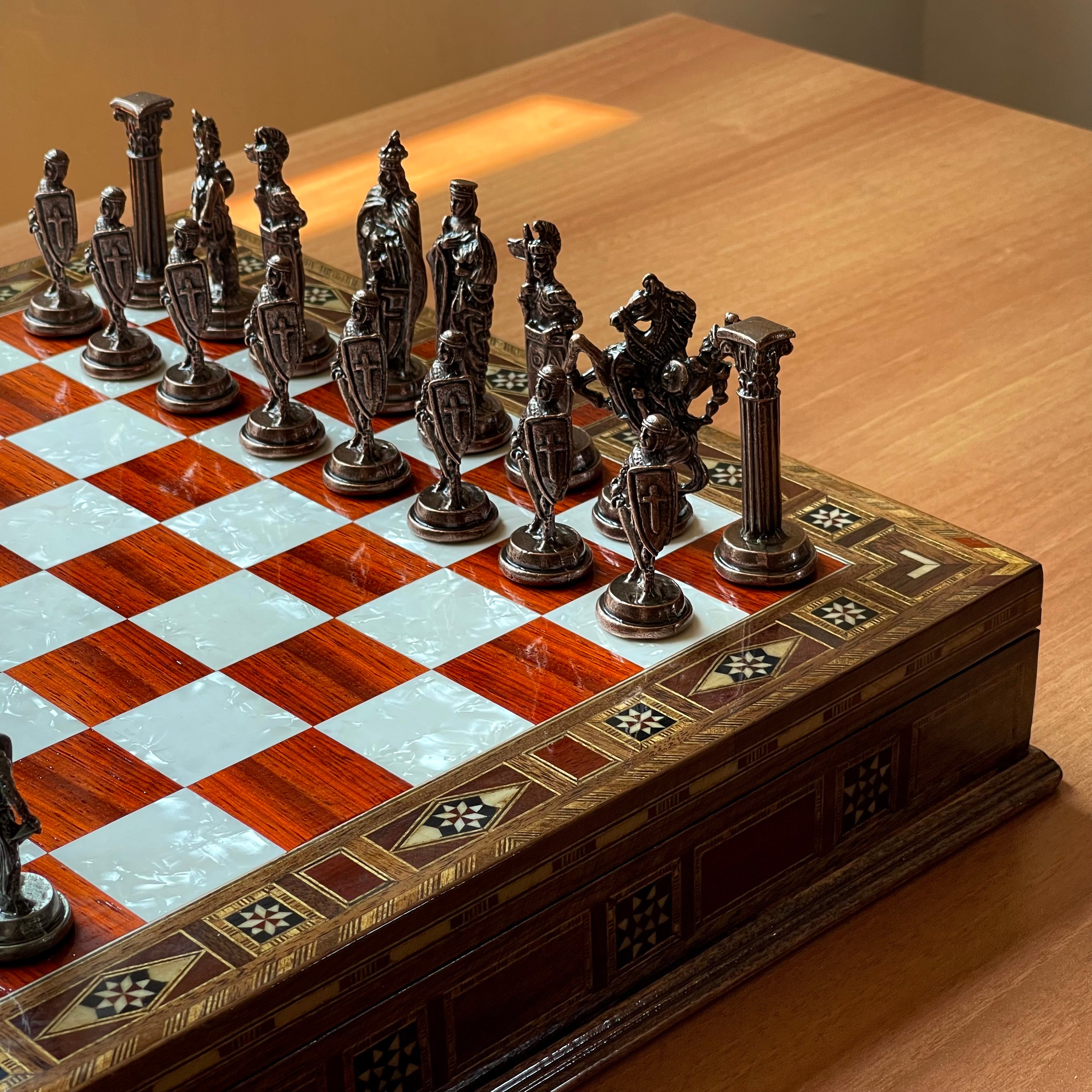 Personalized Custom Storage Wooden Chess Set with British Metal Chess Pieces