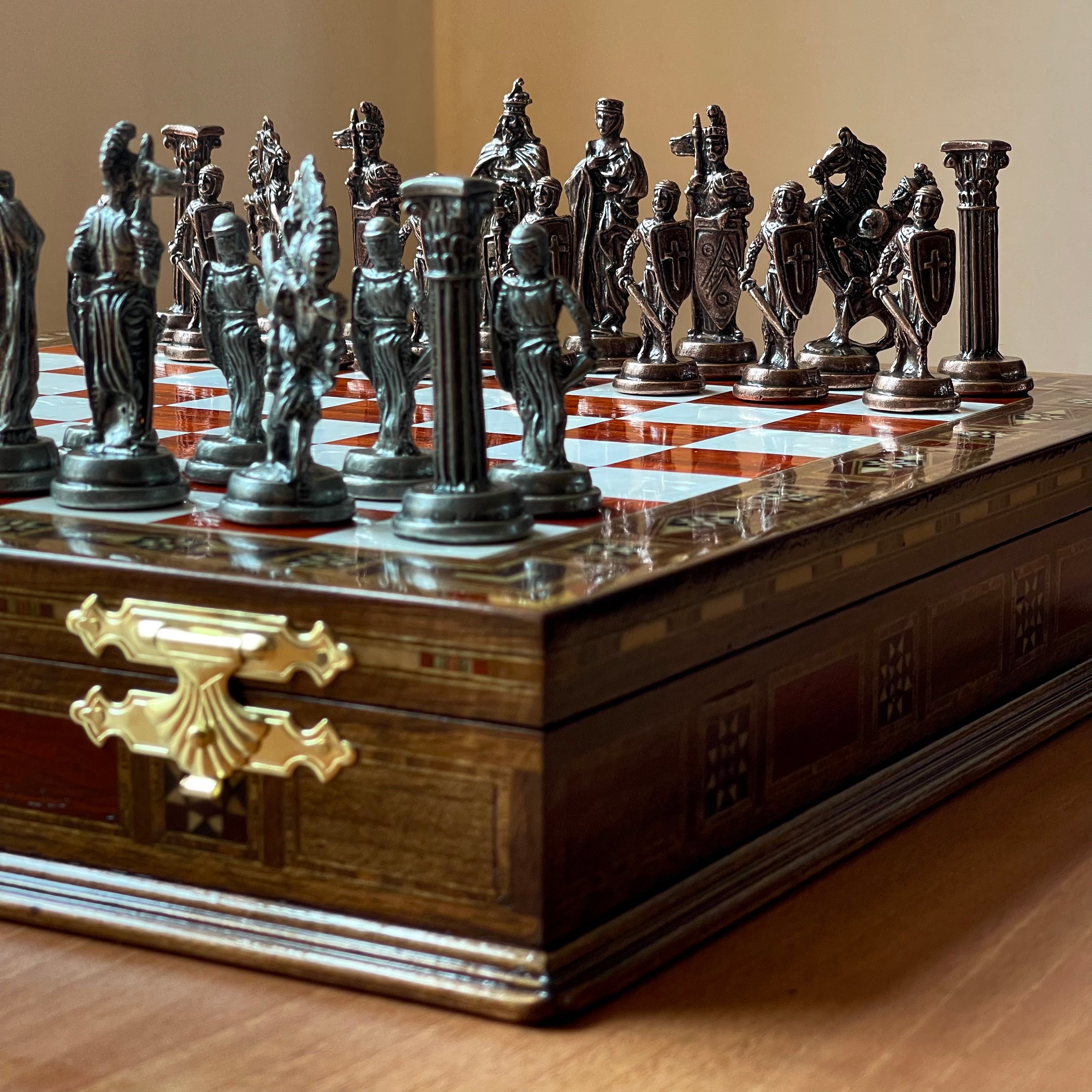 Personalized Custom Storage Wooden Chess Set with British Metal Chess Pieces