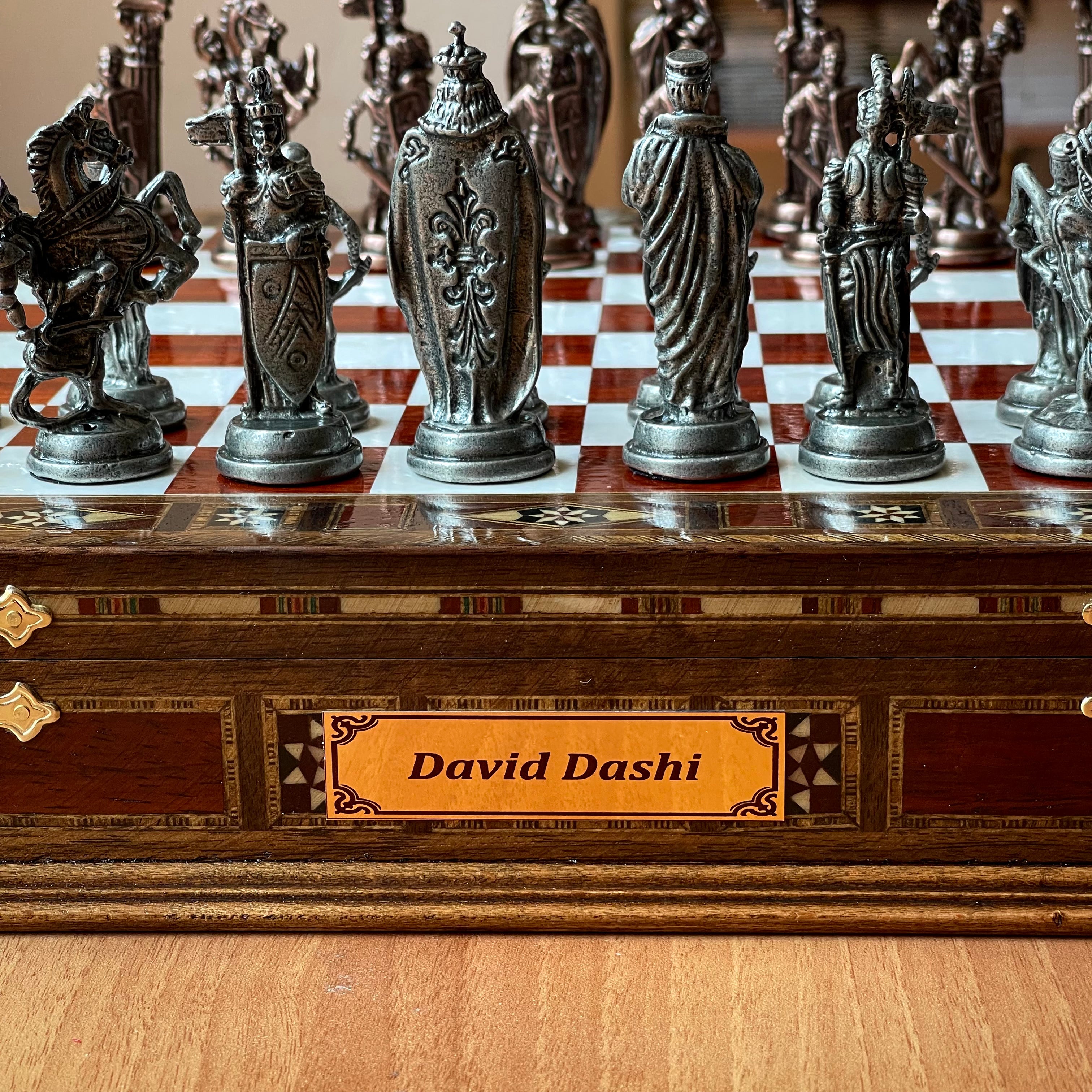 Personalized Custom Storage Wooden Chess Set with British Metal Chess Pieces