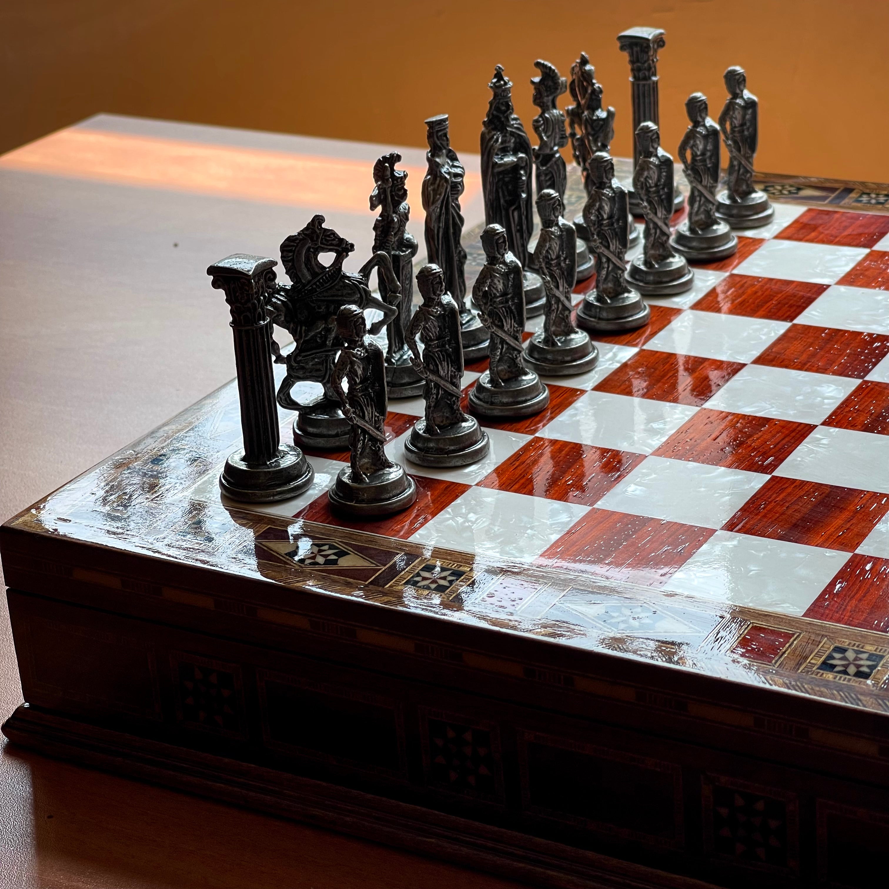 Personalized Custom Storage Wooden Chess Set with British Metal Chess Pieces