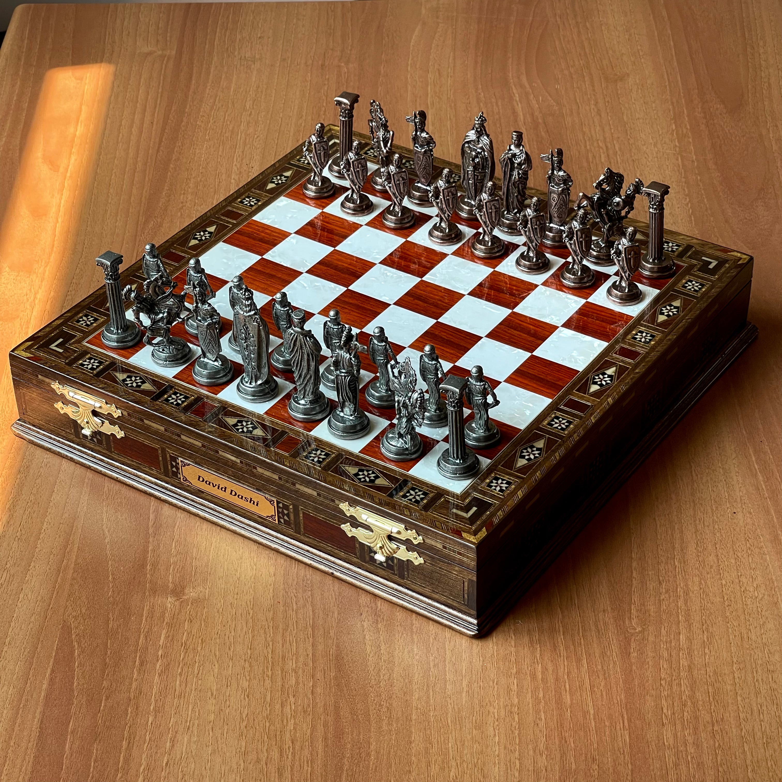 Personalized Custom Storage Wooden Chess Set with British Metal Chess Pieces