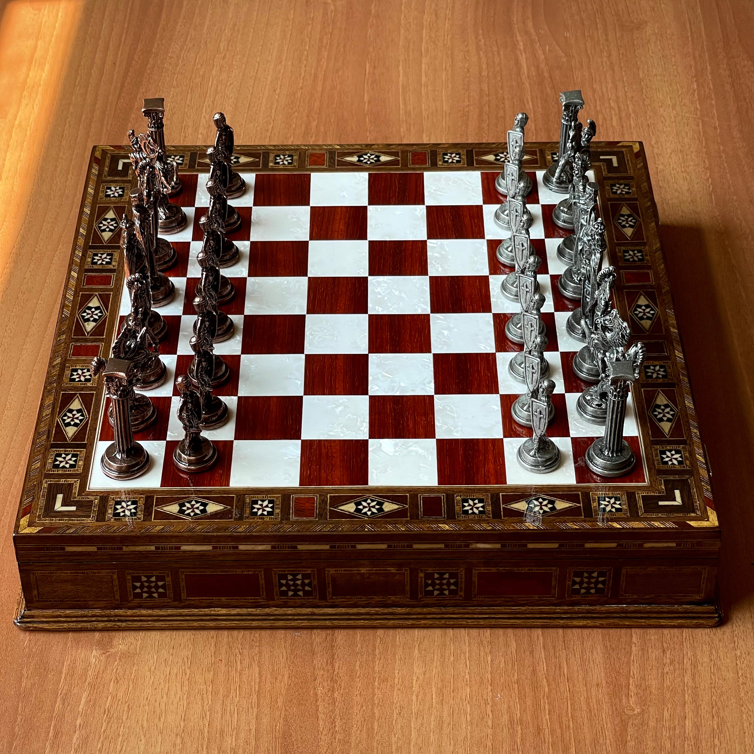 Personalized Custom Storage Wooden Chess Set with British Metal Chess Pieces