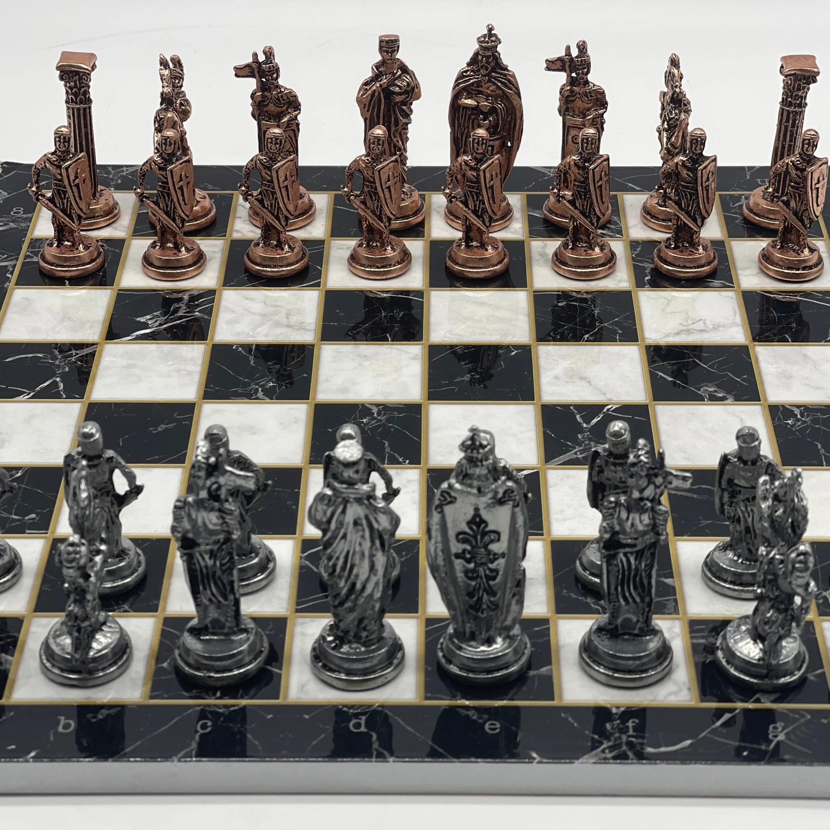 14.5" Black Handmade Marble Pattern British Metal Pieces With Chess Set