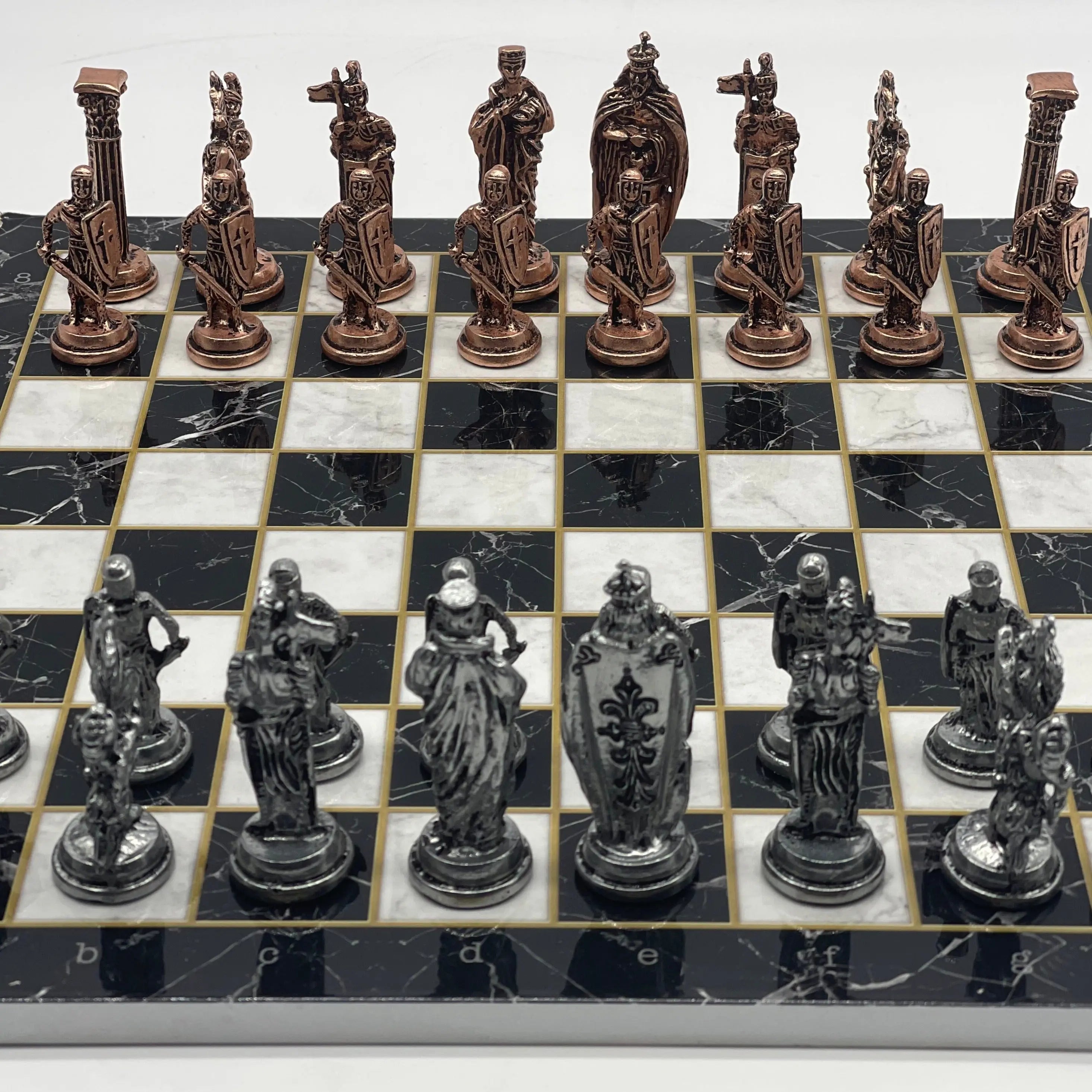 14.5" Black Handmade Marble Pattern British Metal Pieces With Chess Set