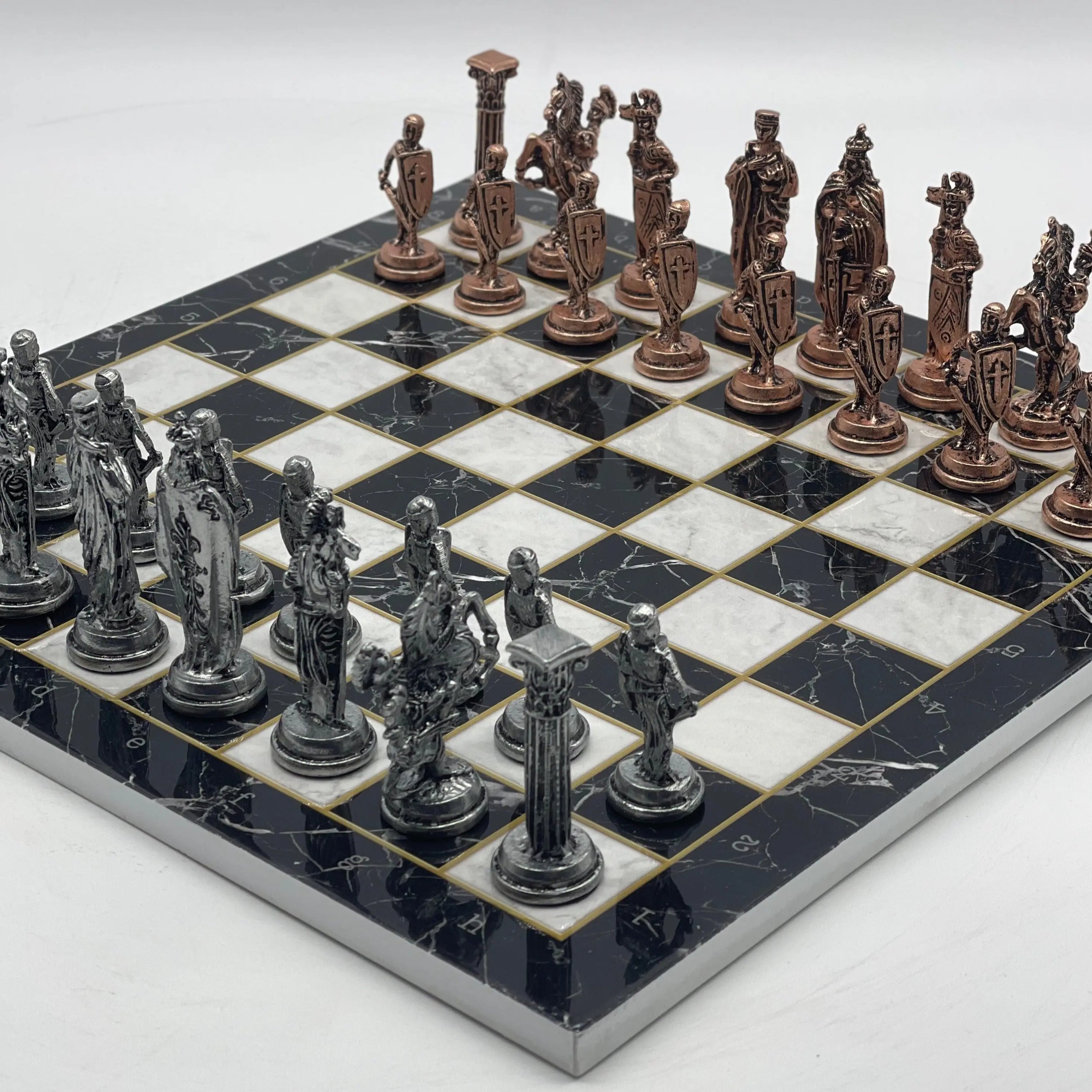14.5" Black Handmade Marble Pattern British Metal Pieces With Chess Set