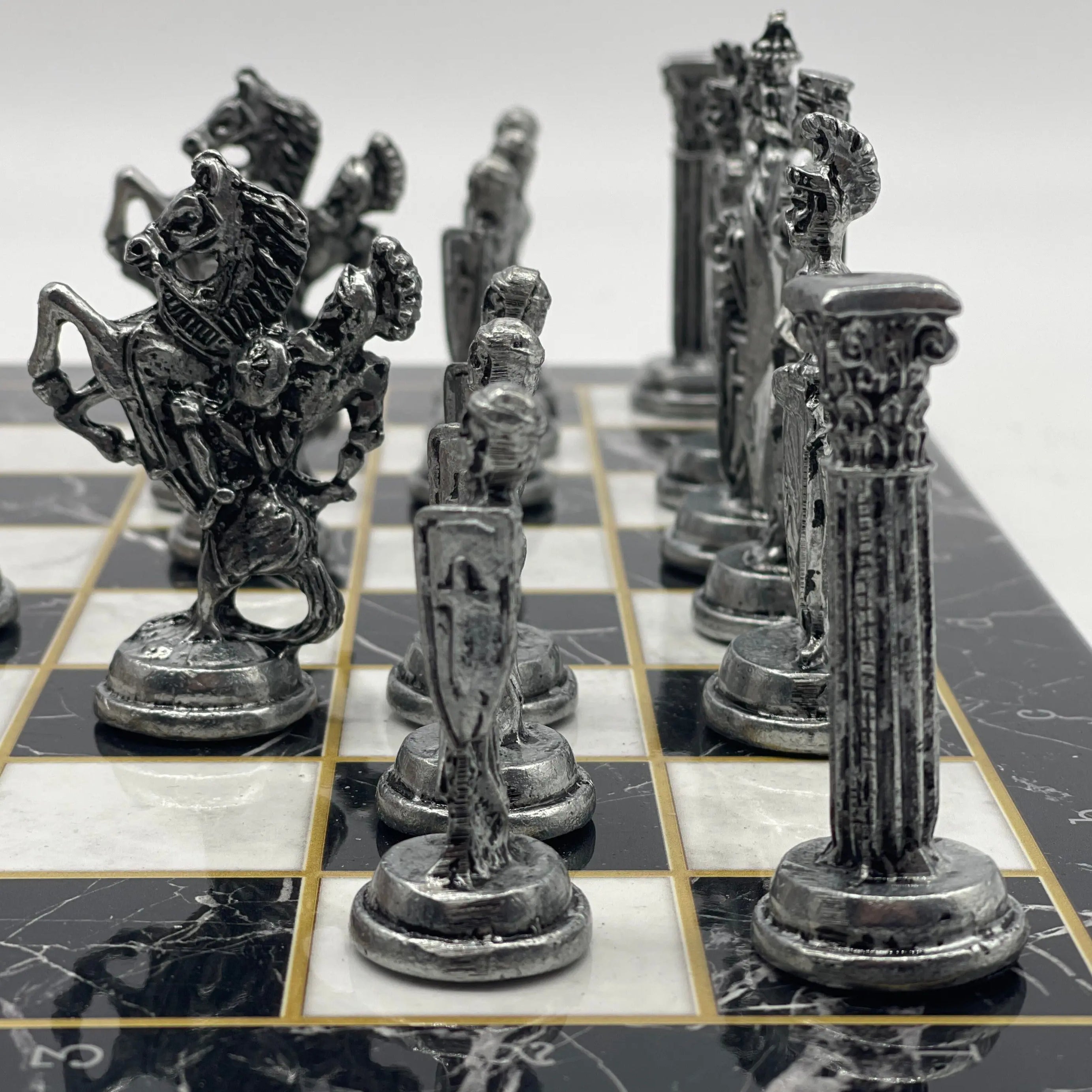 14.5" Black Handmade Marble Pattern British Metal Pieces With Chess Set