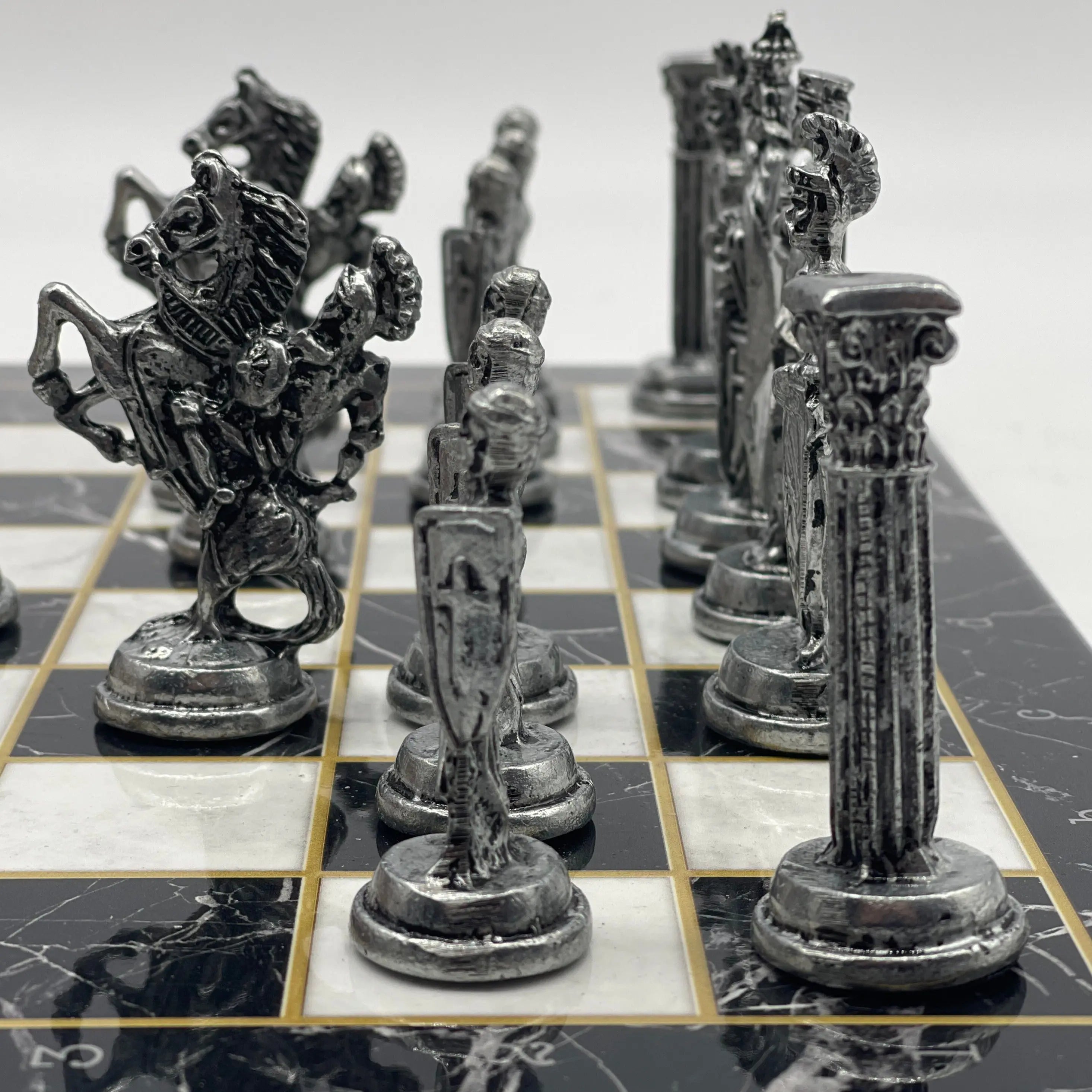 14.5" Black Handmade Marble Pattern British Metal Pieces With Chess Set