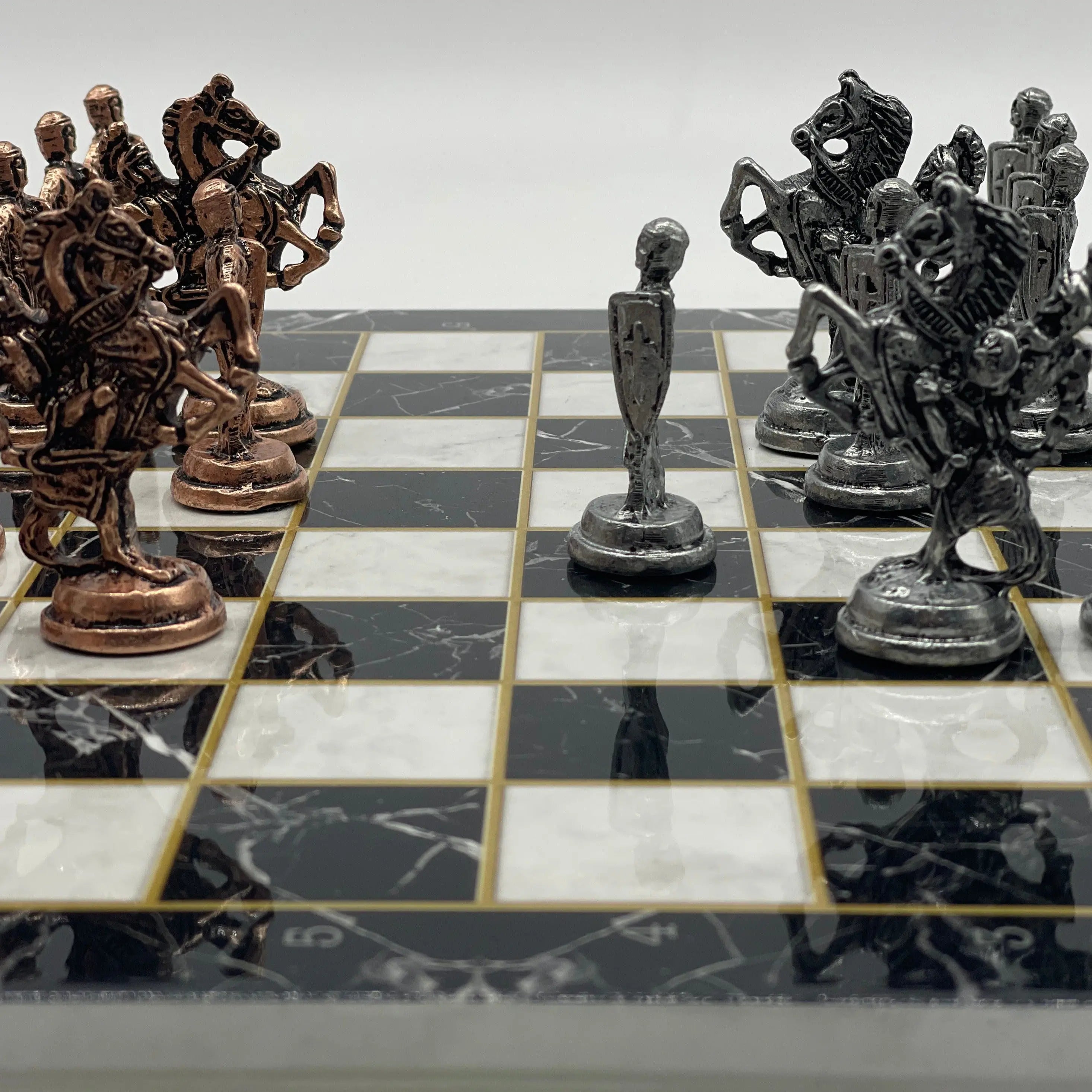 14.5" Black Handmade Marble Pattern British Metal Pieces With Chess Set