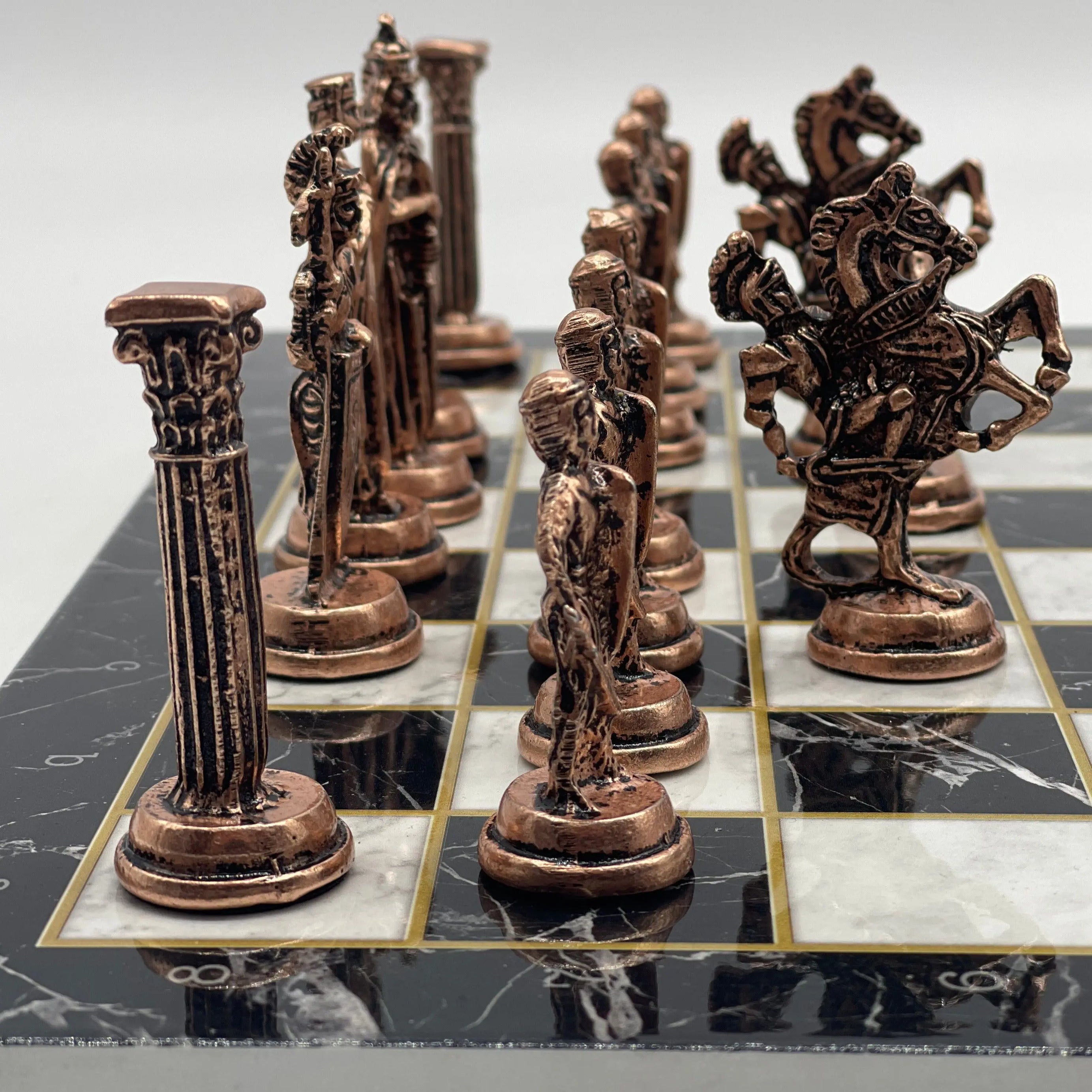 14.5" Black Handmade Marble Pattern British Metal Pieces With Chess Set