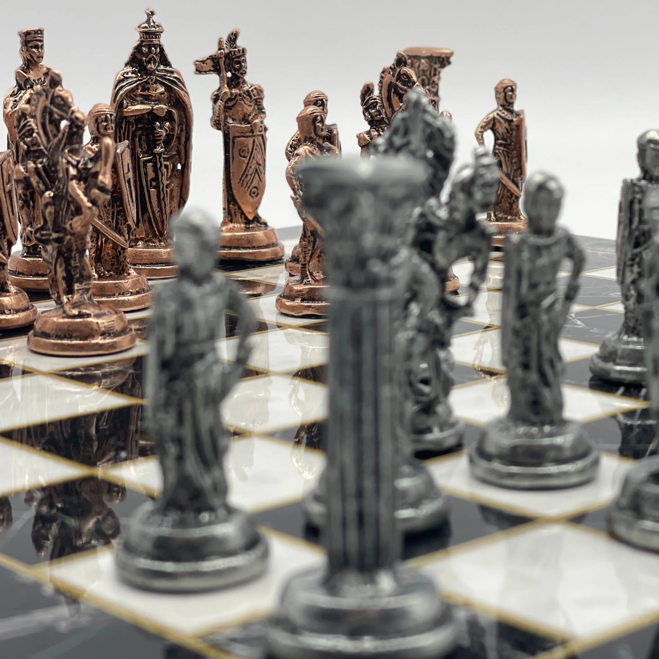 14.5" Black Handmade Marble Pattern British Metal Pieces With Chess Set