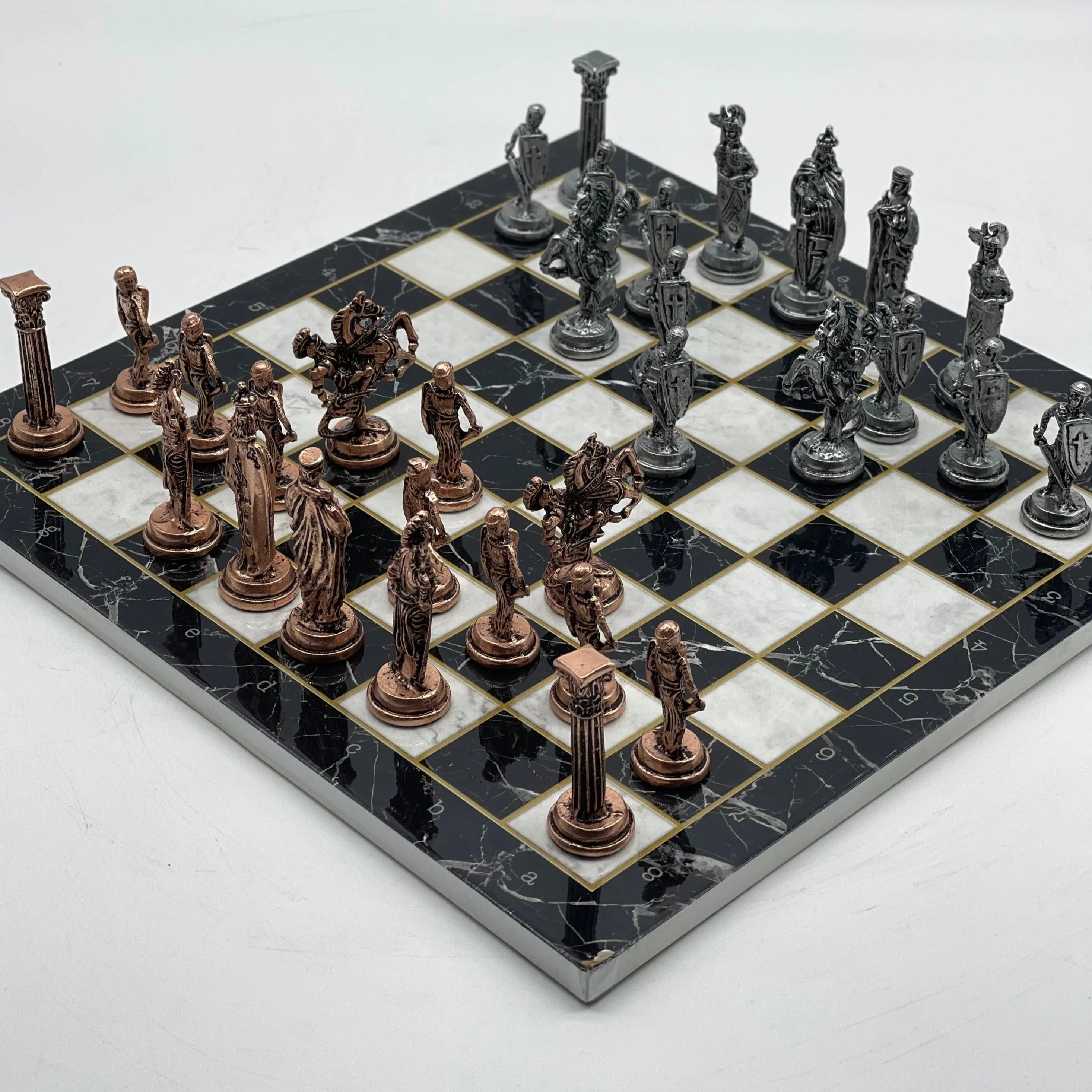 14.5" Black Handmade Marble Pattern British Metal Pieces With Chess Set
