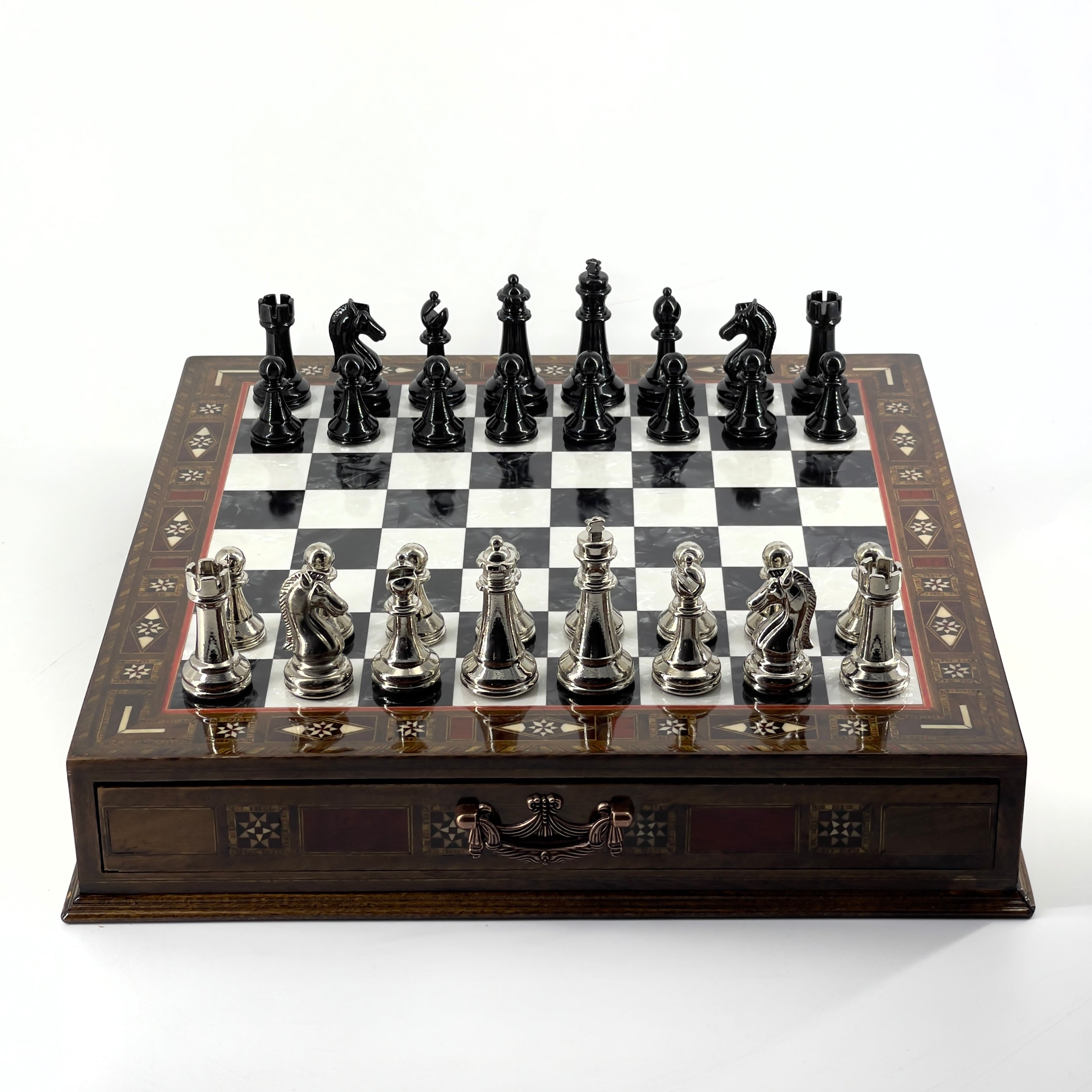 Premium Chess Set with Handmade Wooden Drawers and Black Metal Chess Pieces