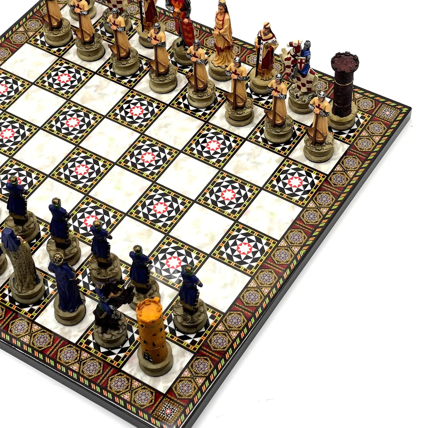 14" Mosaic Marble Patterned Chess Set With Crusaders Polyester Chess Pieces