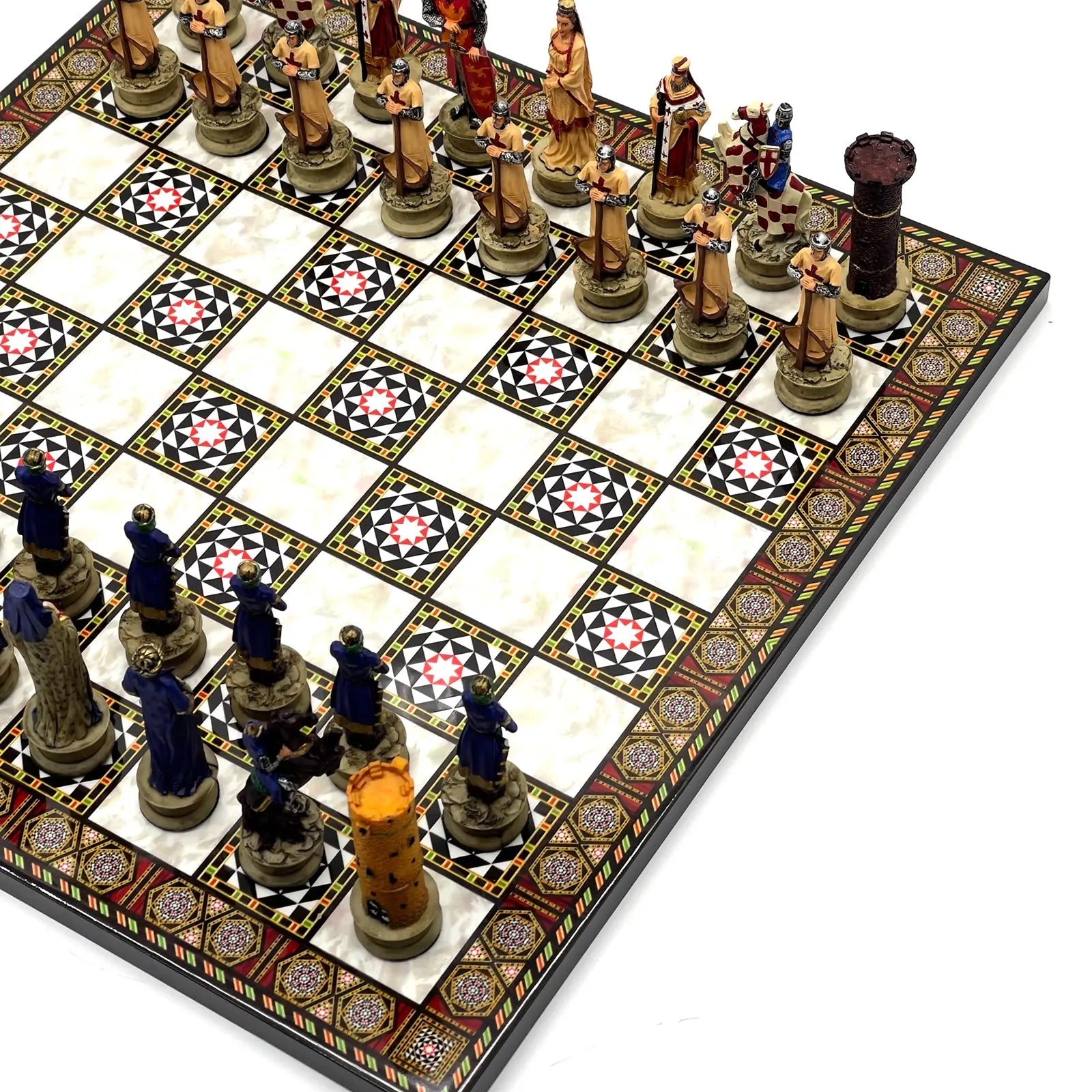14" Mosaic Marble Patterned Chess Set With Crusaders Polyester Chess Pieces