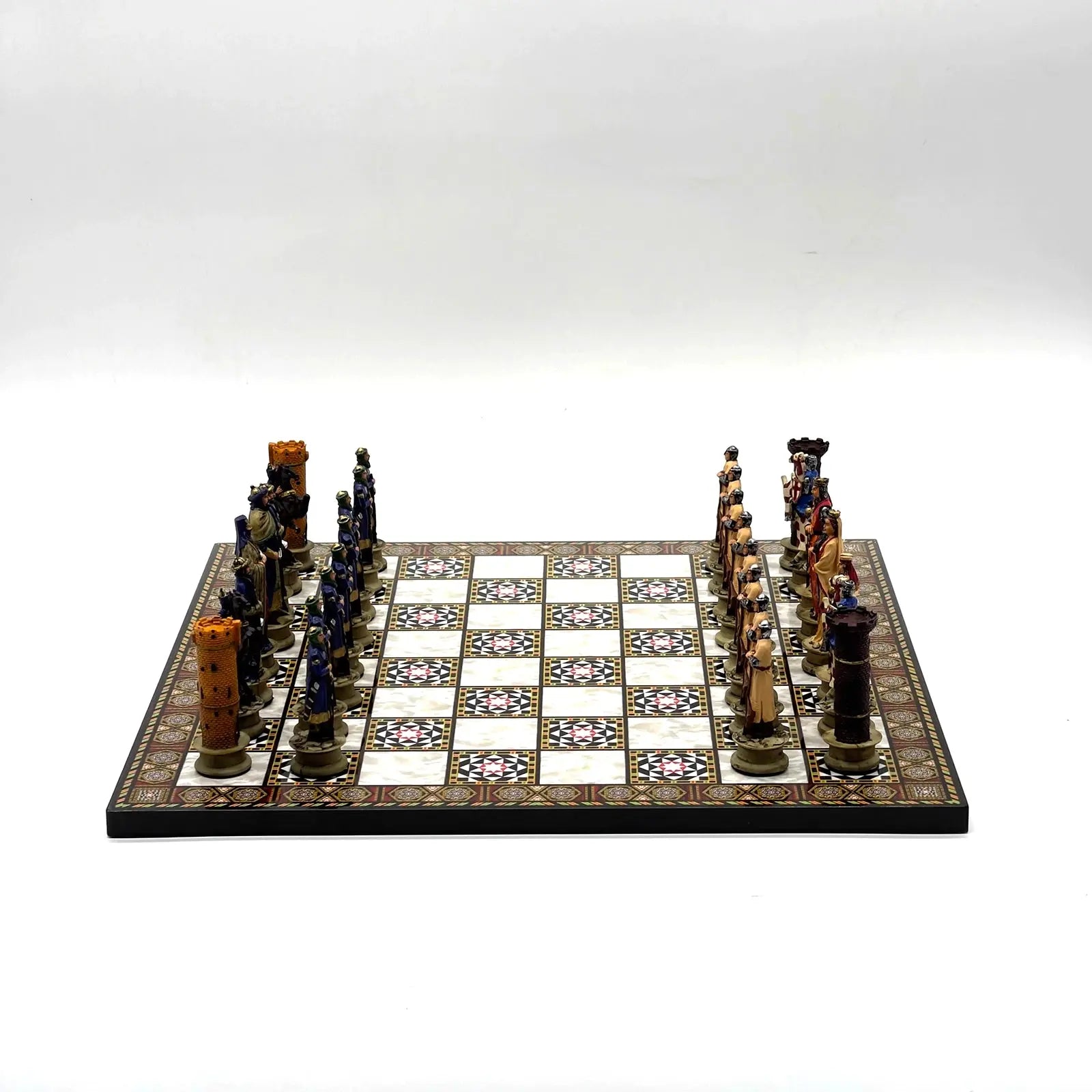 14" Mosaic Marble Patterned Chess Set With Crusaders Polyester Chess Pieces