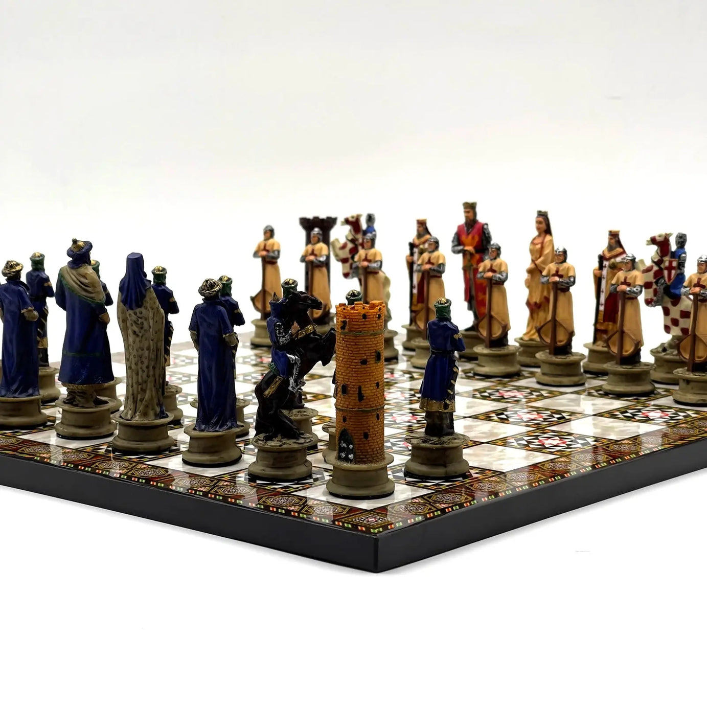 14" Mosaic Marble Patterned Chess Set With Crusaders Polyester Chess Pieces