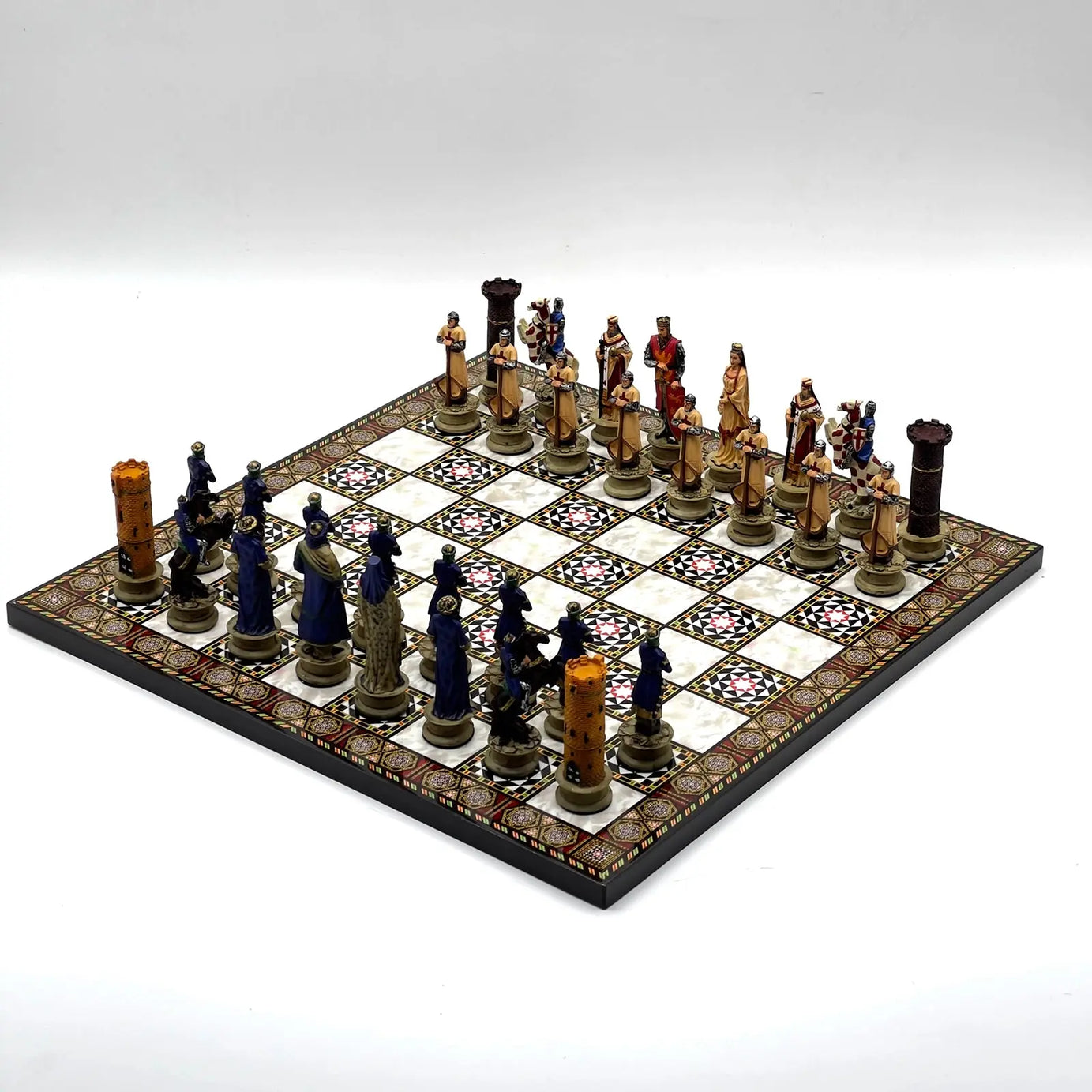 14" Mosaic Marble Patterned Chess Set With Crusaders Polyester Chess Pieces