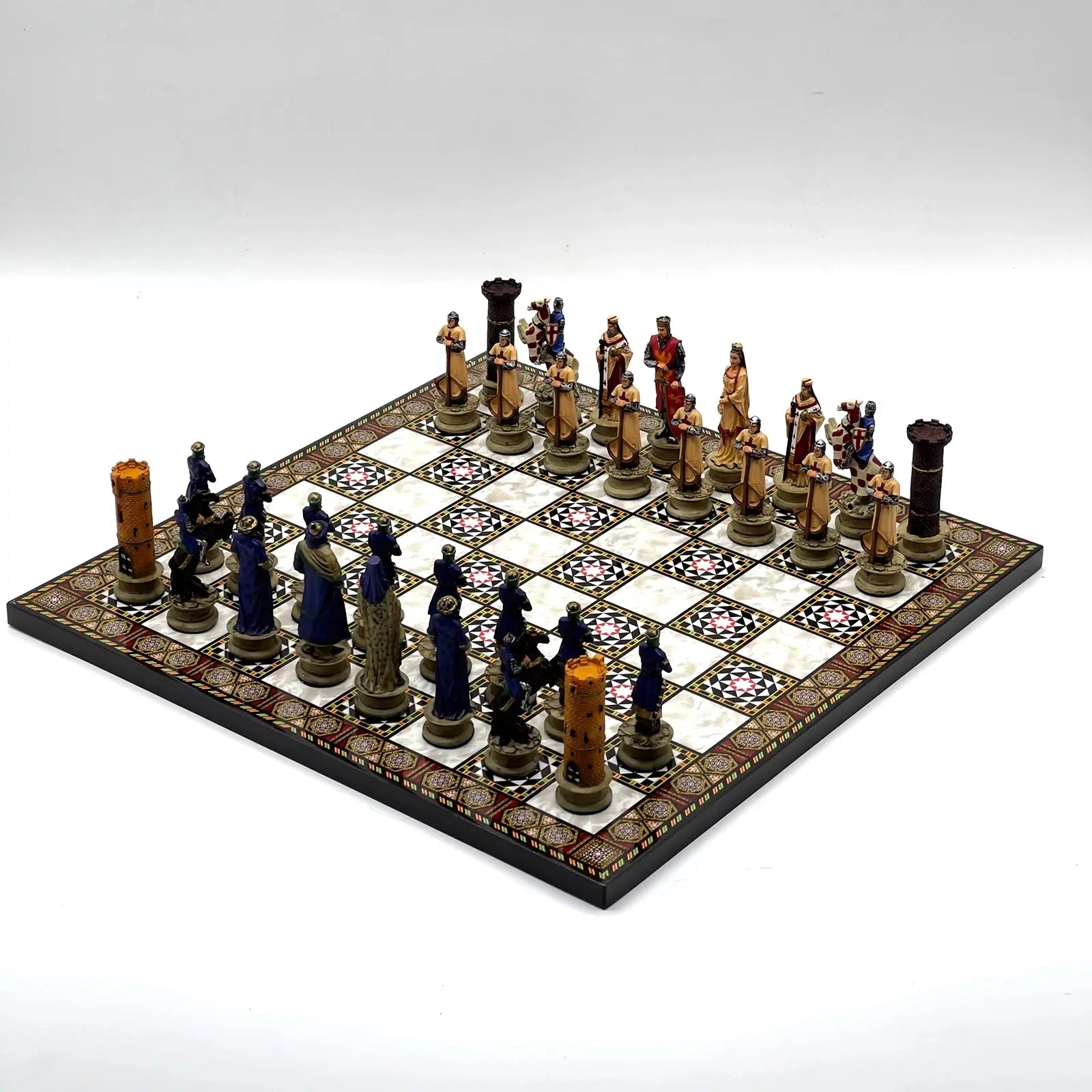 14" Mosaic Marble Patterned Chess Set With Crusaders Polyester Chess Pieces