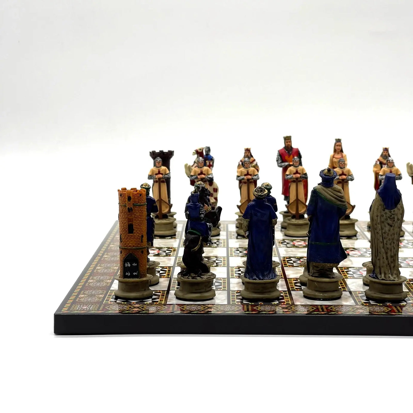 14" Mosaic Marble Patterned Chess Set With Crusaders Polyester Chess Pieces