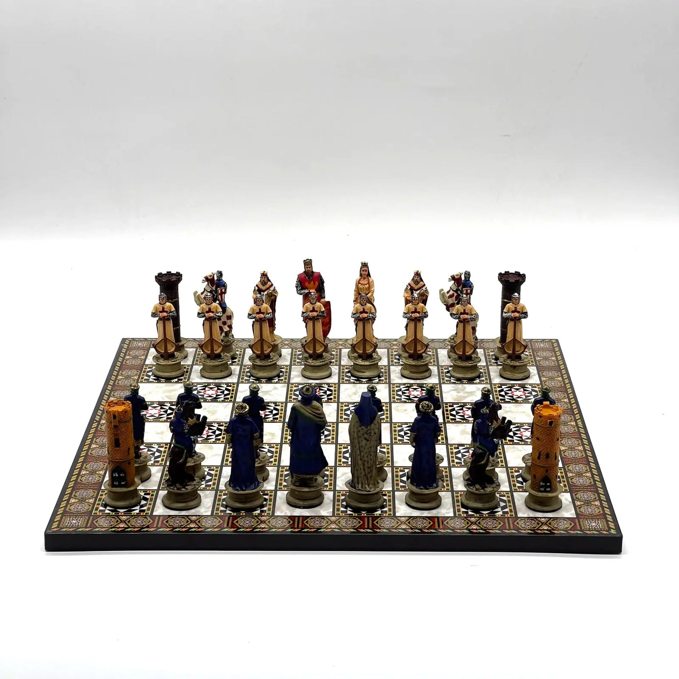 14" Mosaic Marble Patterned Chess Set With Crusaders Polyester Chess Pieces
