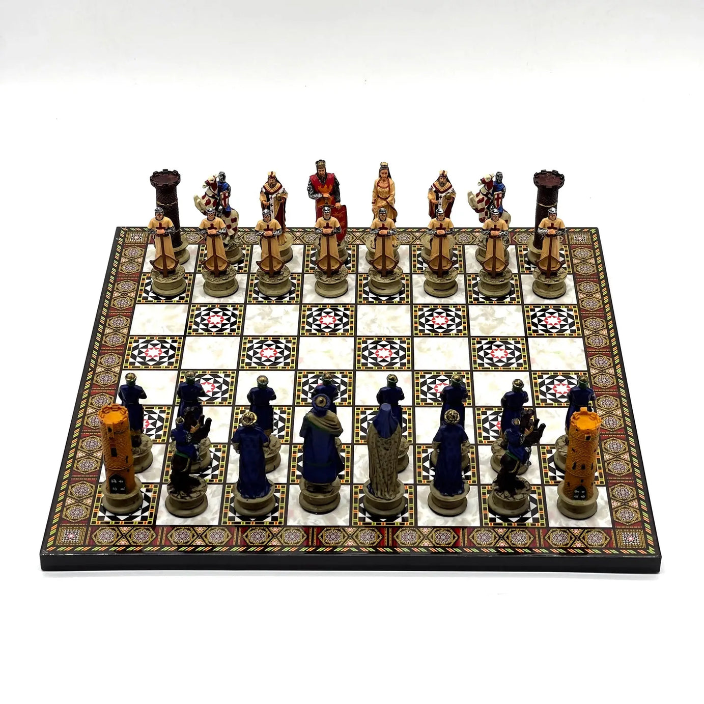 14" Mosaic Marble Patterned Chess Set With Crusaders Polyester Chess Pieces