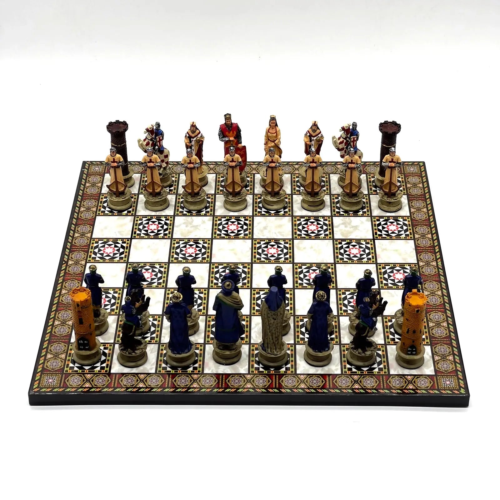 14" Mosaic Marble Patterned Chess Set With Crusaders Polyester Chess Pieces