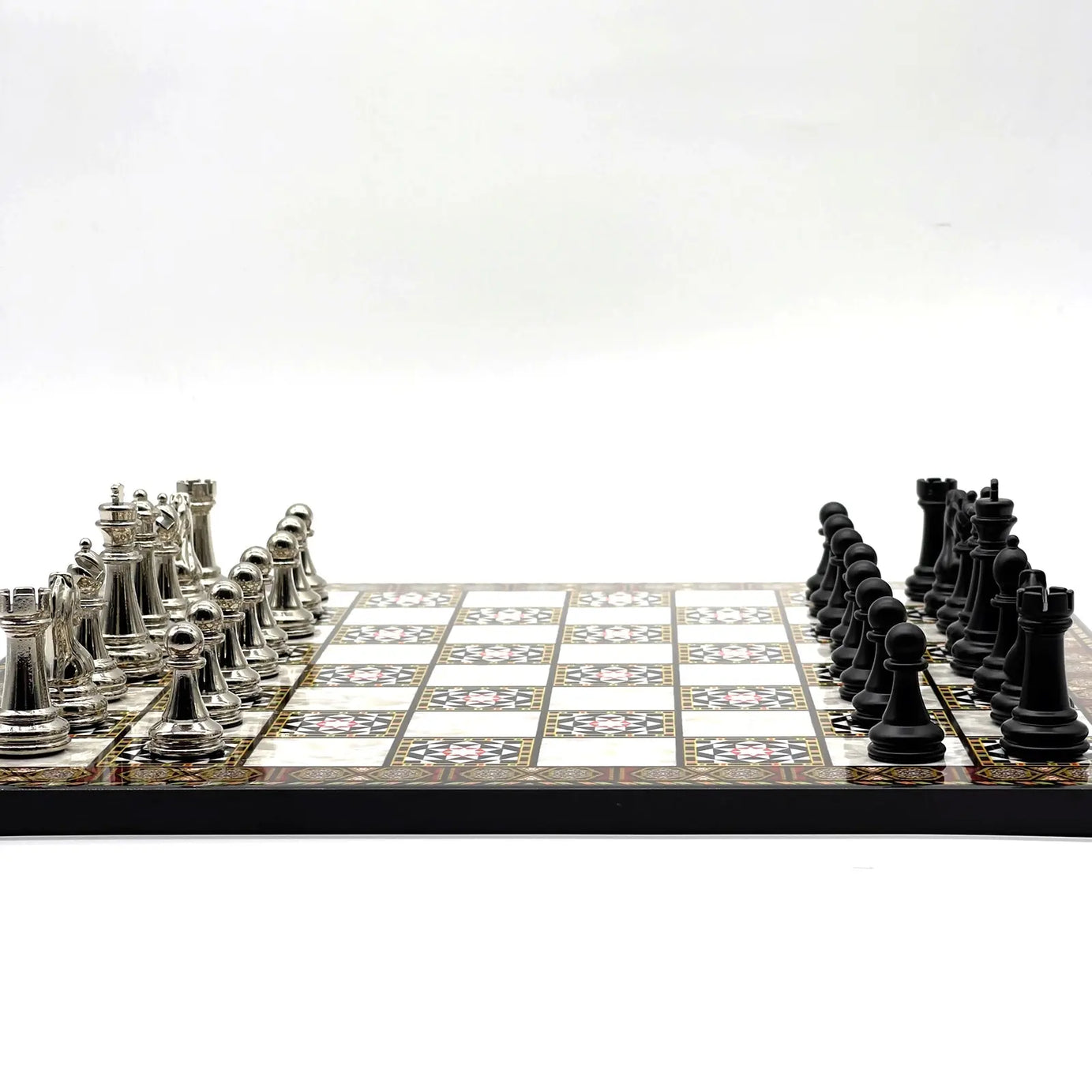 14" Mosaic Marble Pattern Chess Set With Matte Metal Chess Pieces