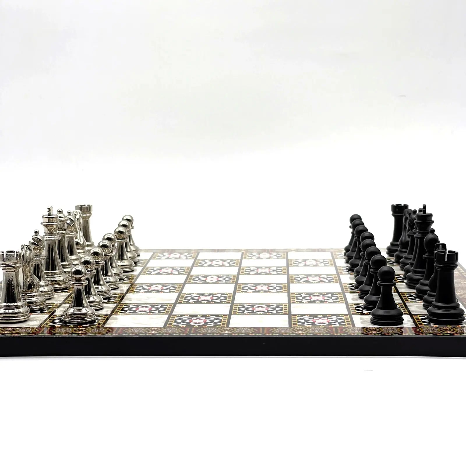 14" Mosaic Marble Pattern Chess Set With Matte Metal Chess Pieces