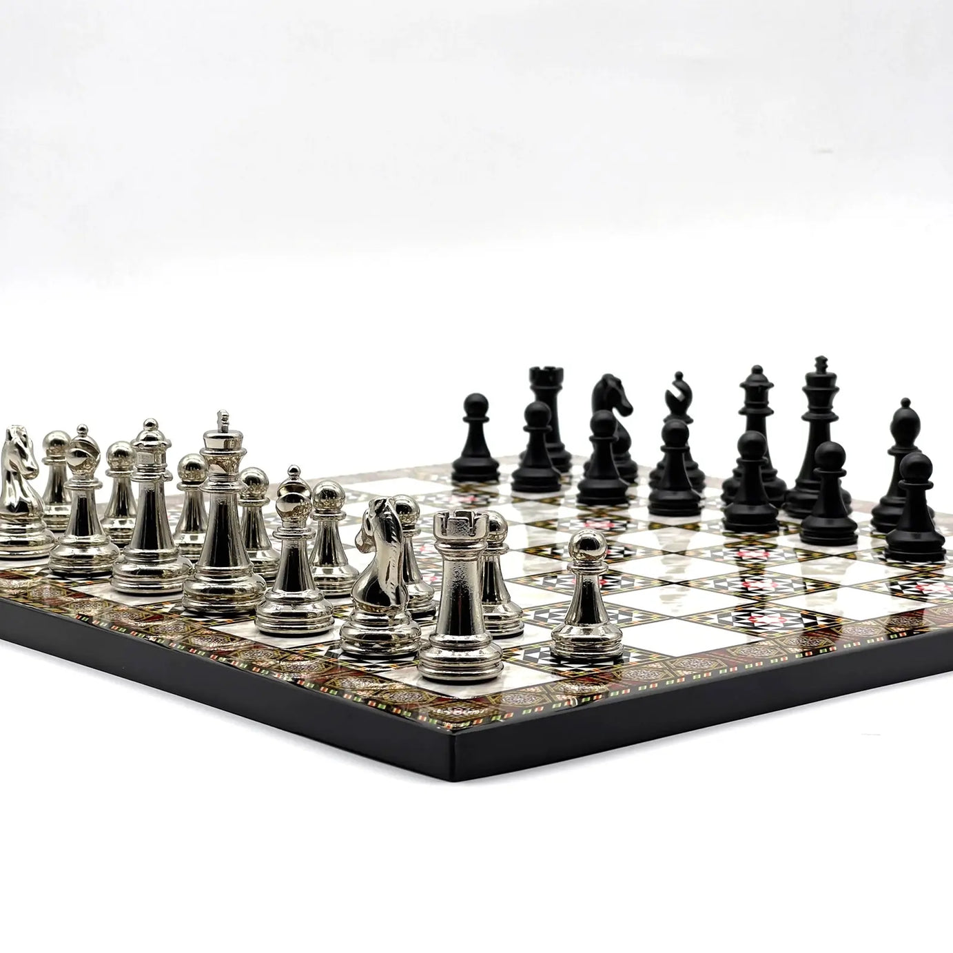 14" Mosaic Marble Pattern Chess Set With Matte Metal Chess Pieces