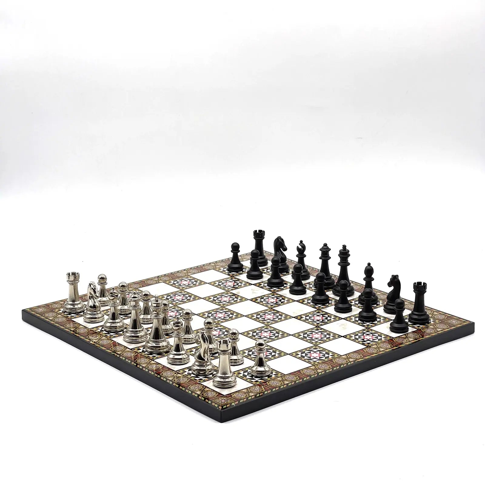 14" Mosaic Marble Pattern Chess Set With Matte Metal Chess Pieces