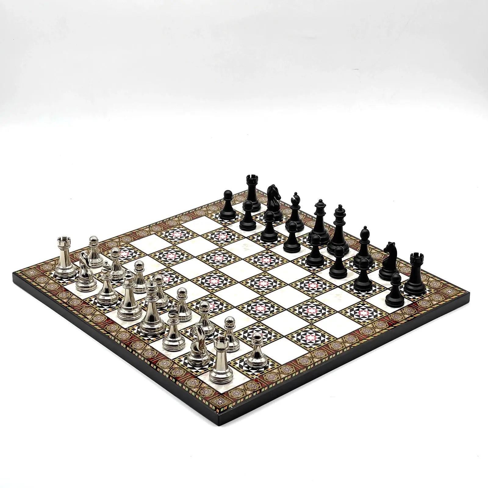 14" Mosaic Marble Pattern Chess Set With Matte Metal Chess Pieces