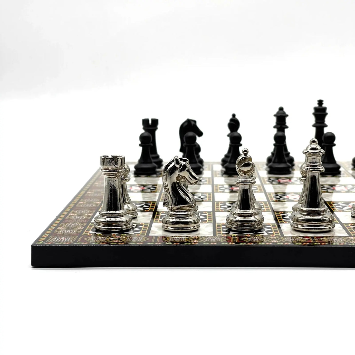 14" Mosaic Marble Pattern Chess Set With Matte Metal Chess Pieces