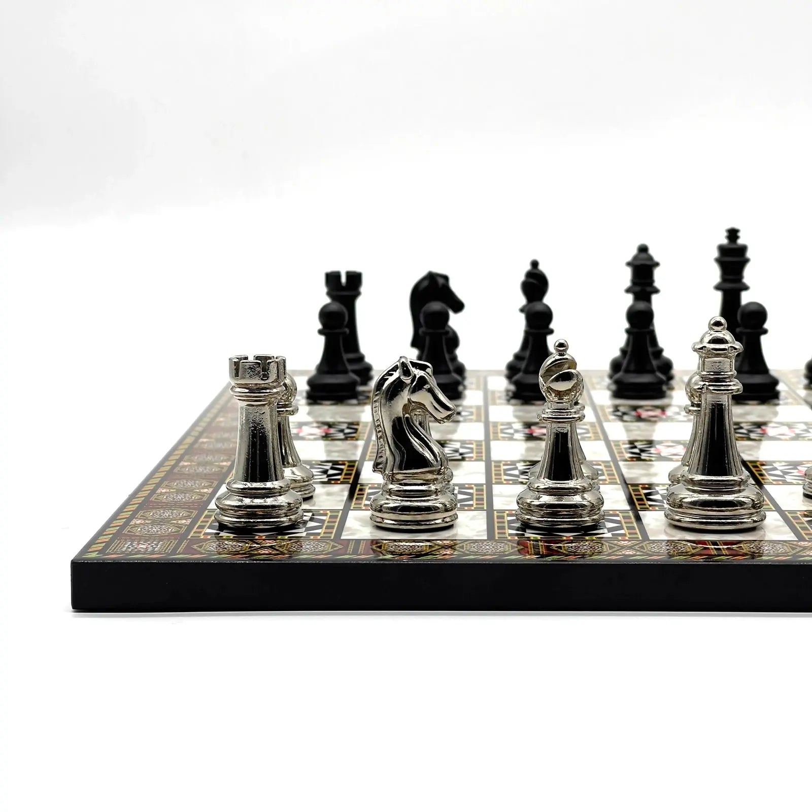 14" Mosaic Marble Pattern Chess Set With Matte Metal Chess Pieces