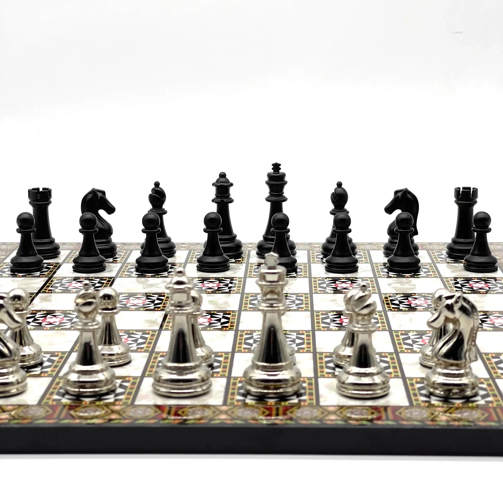 14" Mosaic Marble Pattern Chess Set With Matte Metal Chess Pieces