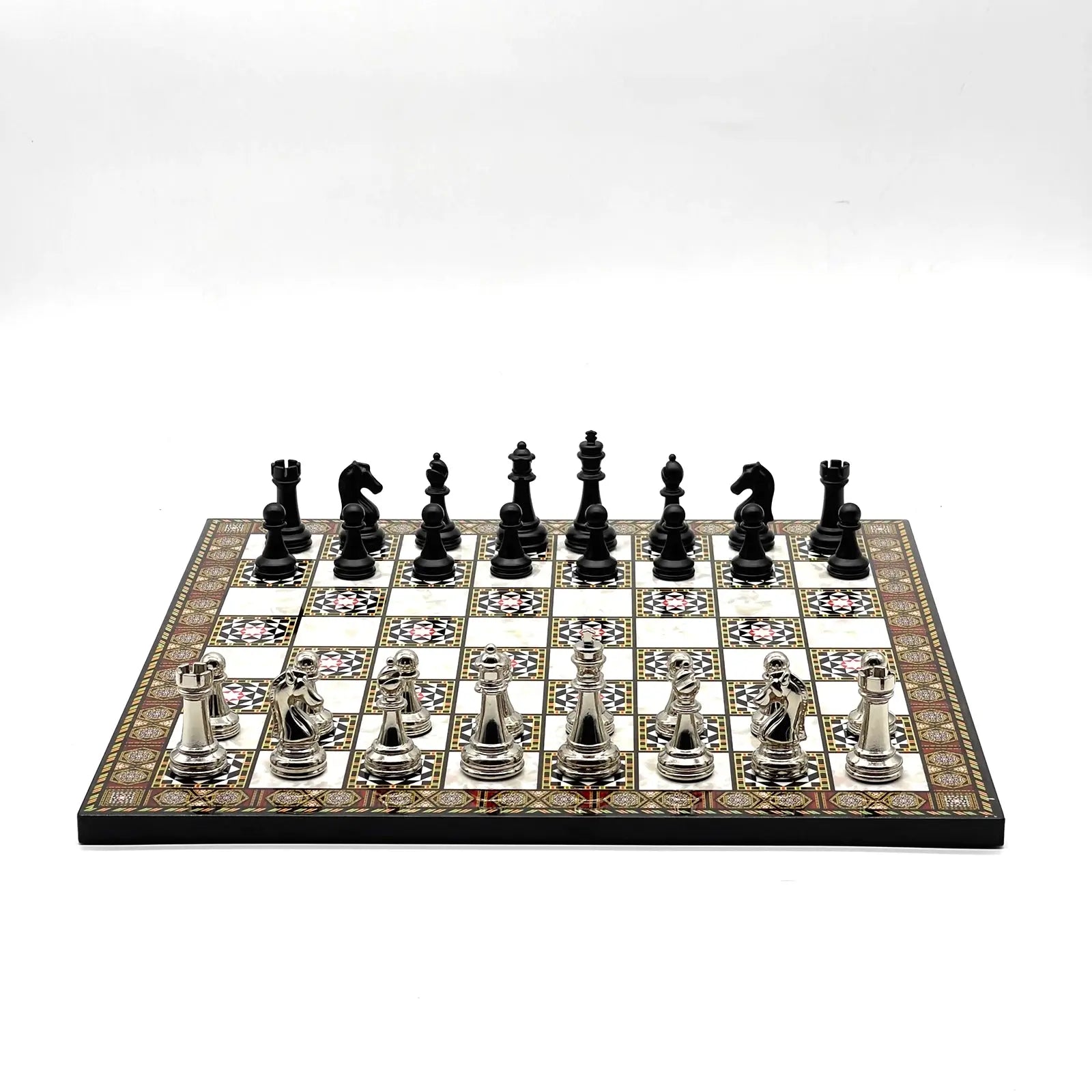 14" Mosaic Marble Pattern Chess Set With Matte Metal Chess Pieces
