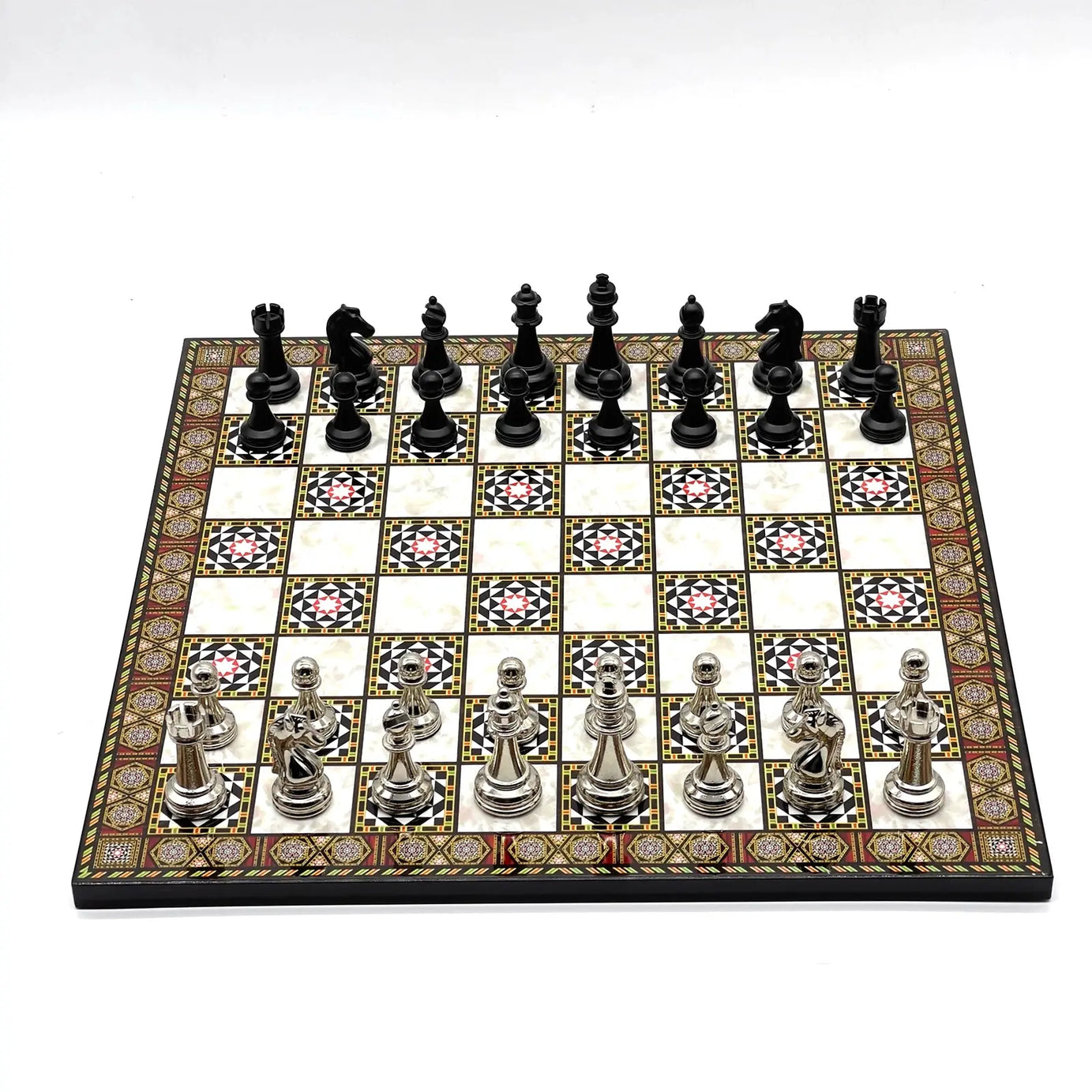 14" Mosaic Marble Pattern Chess Set With Matte Metal Chess Pieces