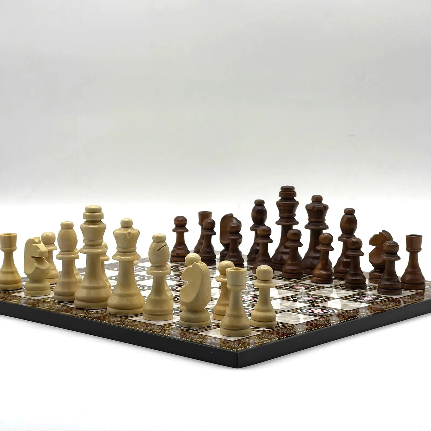 14" Mosaic Marble Patterned Wooden Set With Wooden Chess Pieces