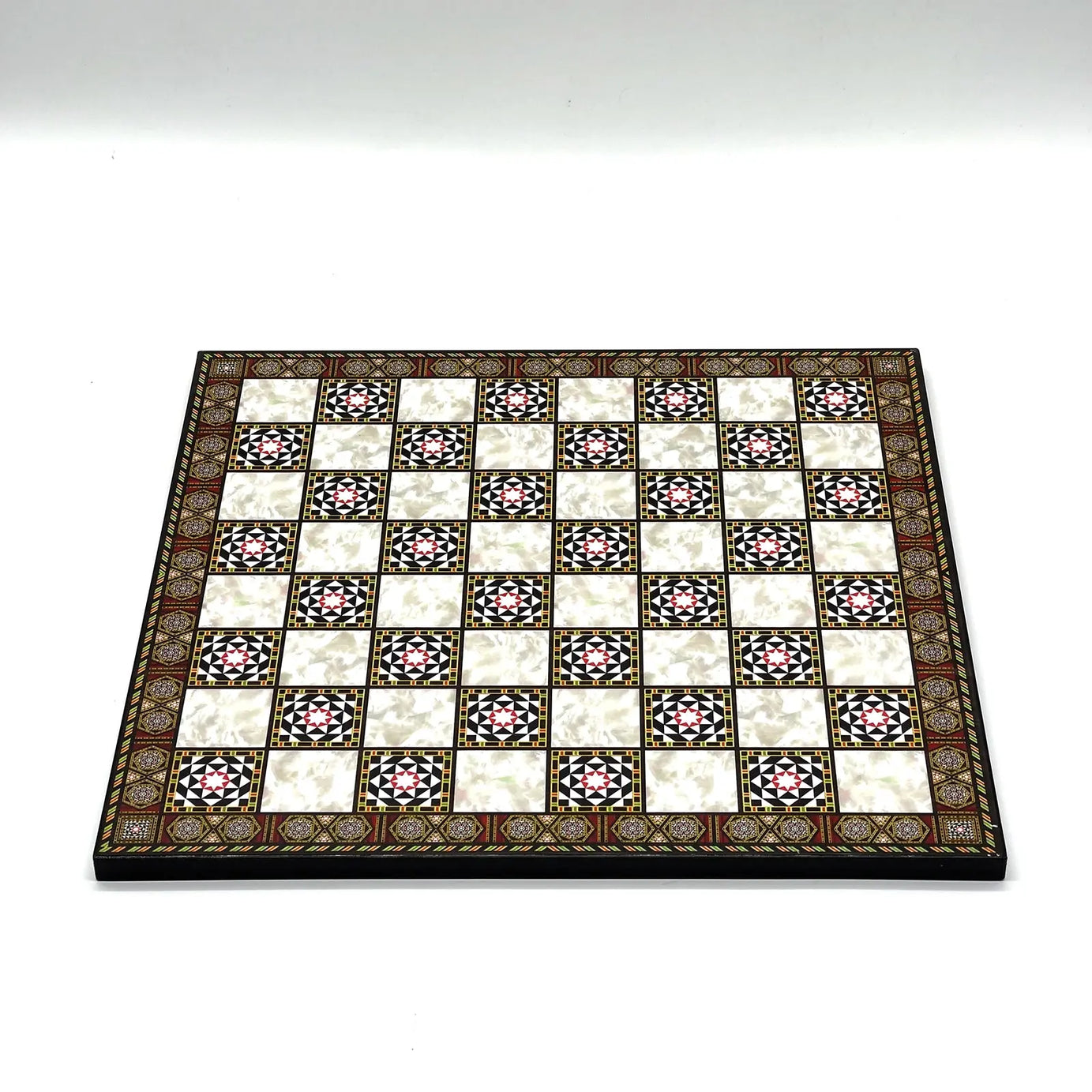 14" Mosaic Marble Patterned Wooden Set With Wooden Chess Pieces