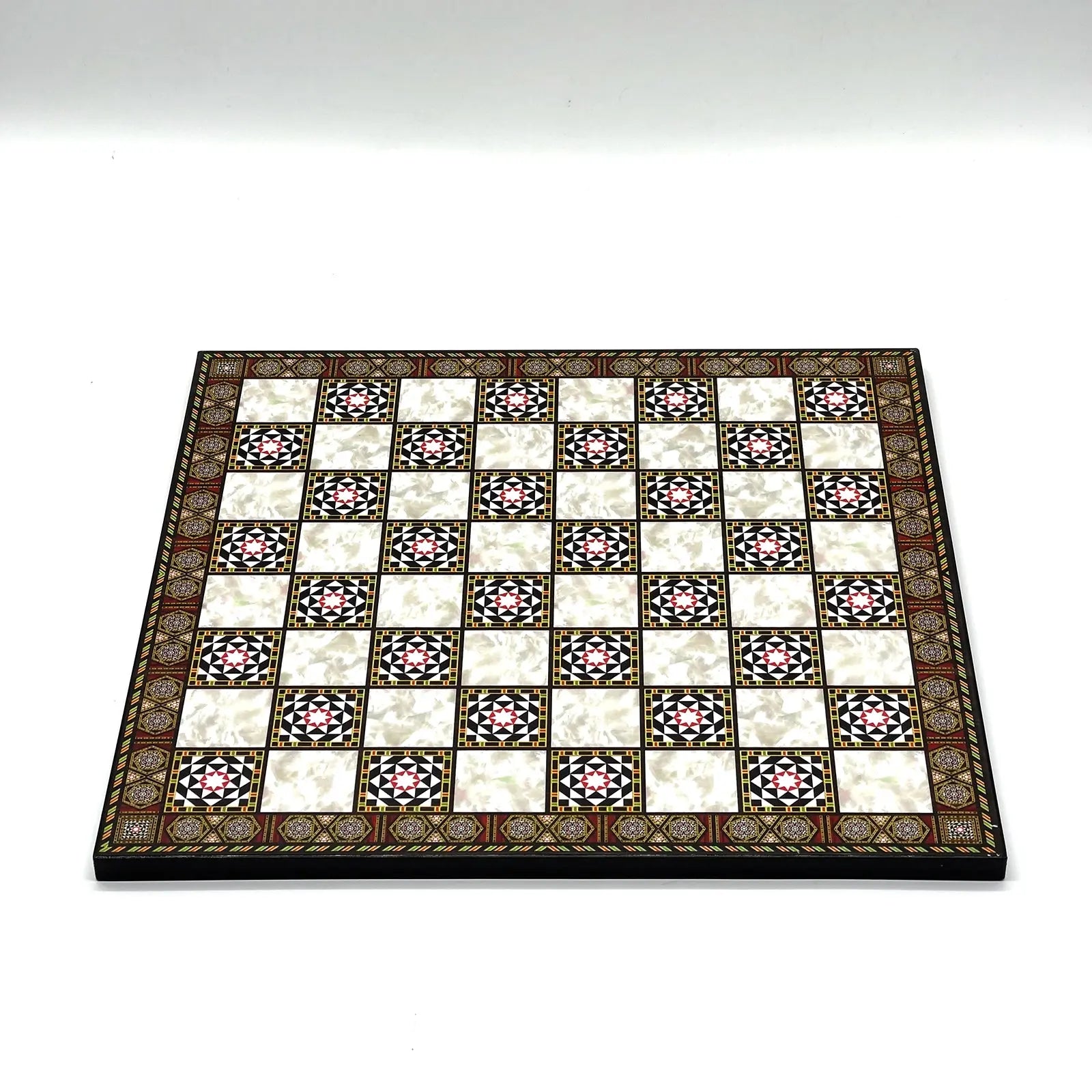 14" Mosaic Marble Patterned Wooden Set With Wooden Chess Pieces